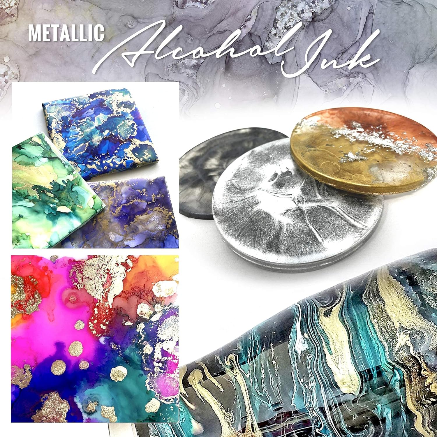 Pixiss 25 Pack Large Alcohol Inks 0.5oz Bottles and Pixiss Metallic Alcohol Inks (Pearl, Gold, Silver, Gunmetal, Copper)