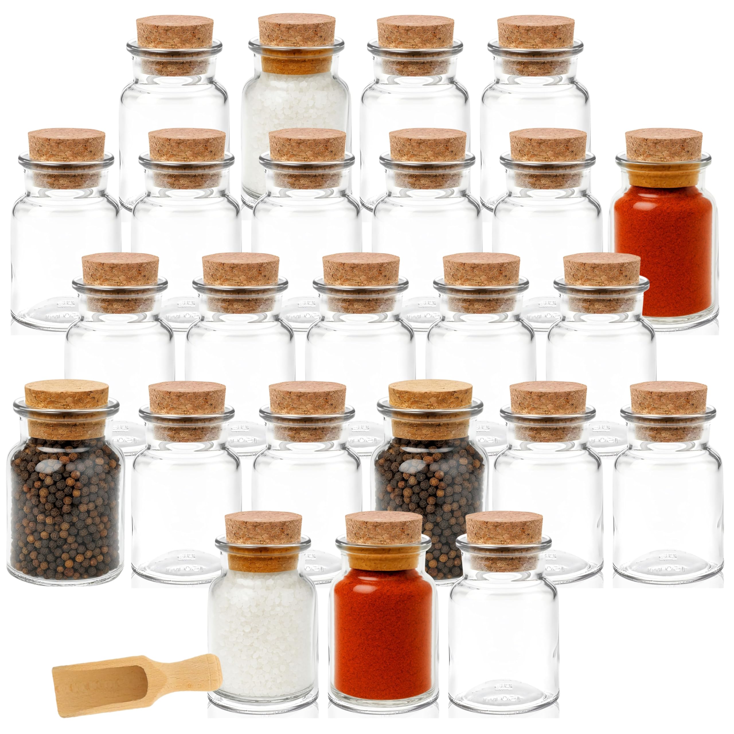 mikken 24 Gewürzgläser 150ml mit Korken – runde Glasbehälter mit Kork-Verschluss inkl. Holzschaufel – Vorratsgläser für Gewürze, Kräuter & Deko (24)
