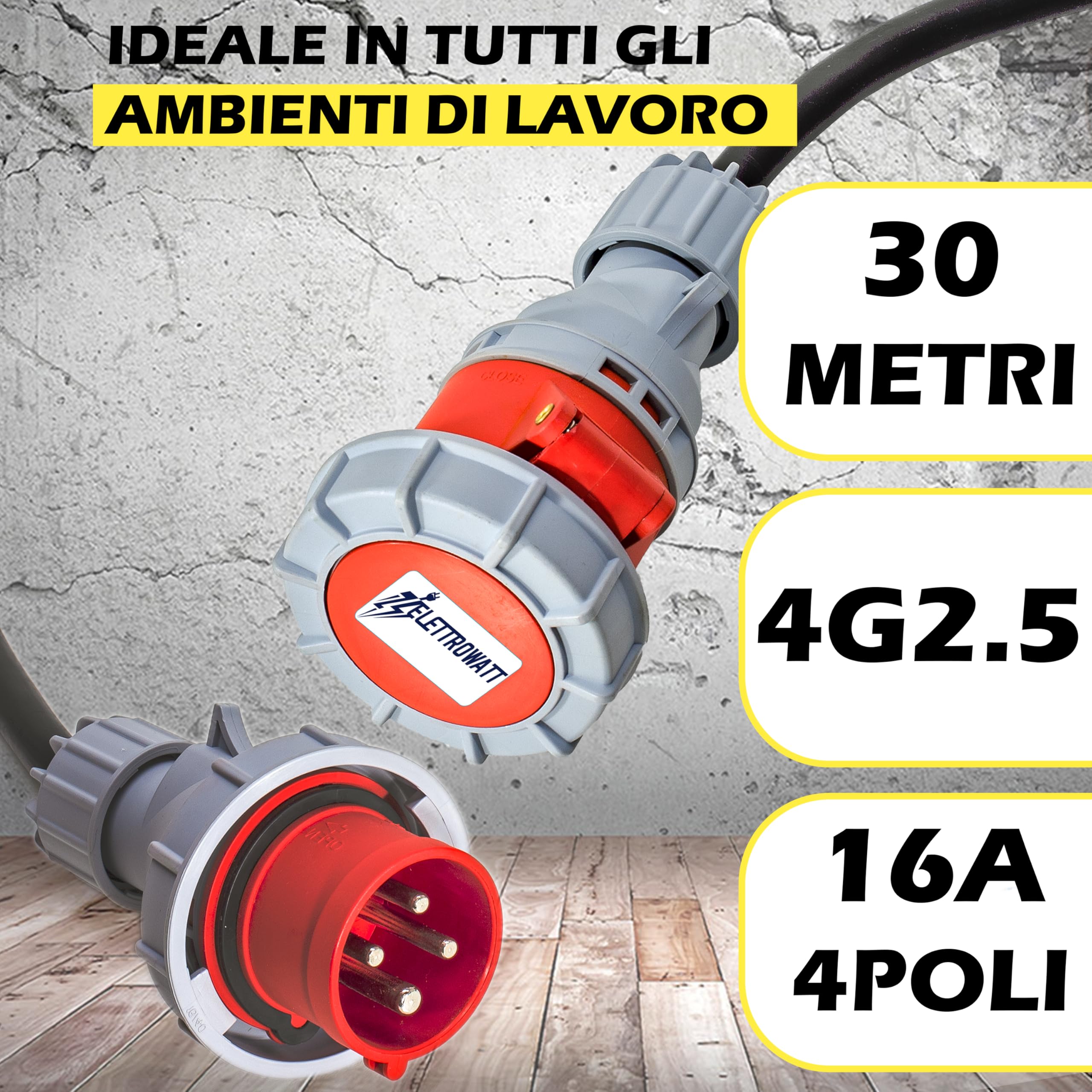 Prolunga Elettrica Trifase Industriale Professionale 30 Metri - Spina e Presa CEE trifase 4 Poli 16A, Cavo 4G2.5 - Protezione IP67 - Cavo con Rivestimento in Neoprene Antirottura h07rn-f