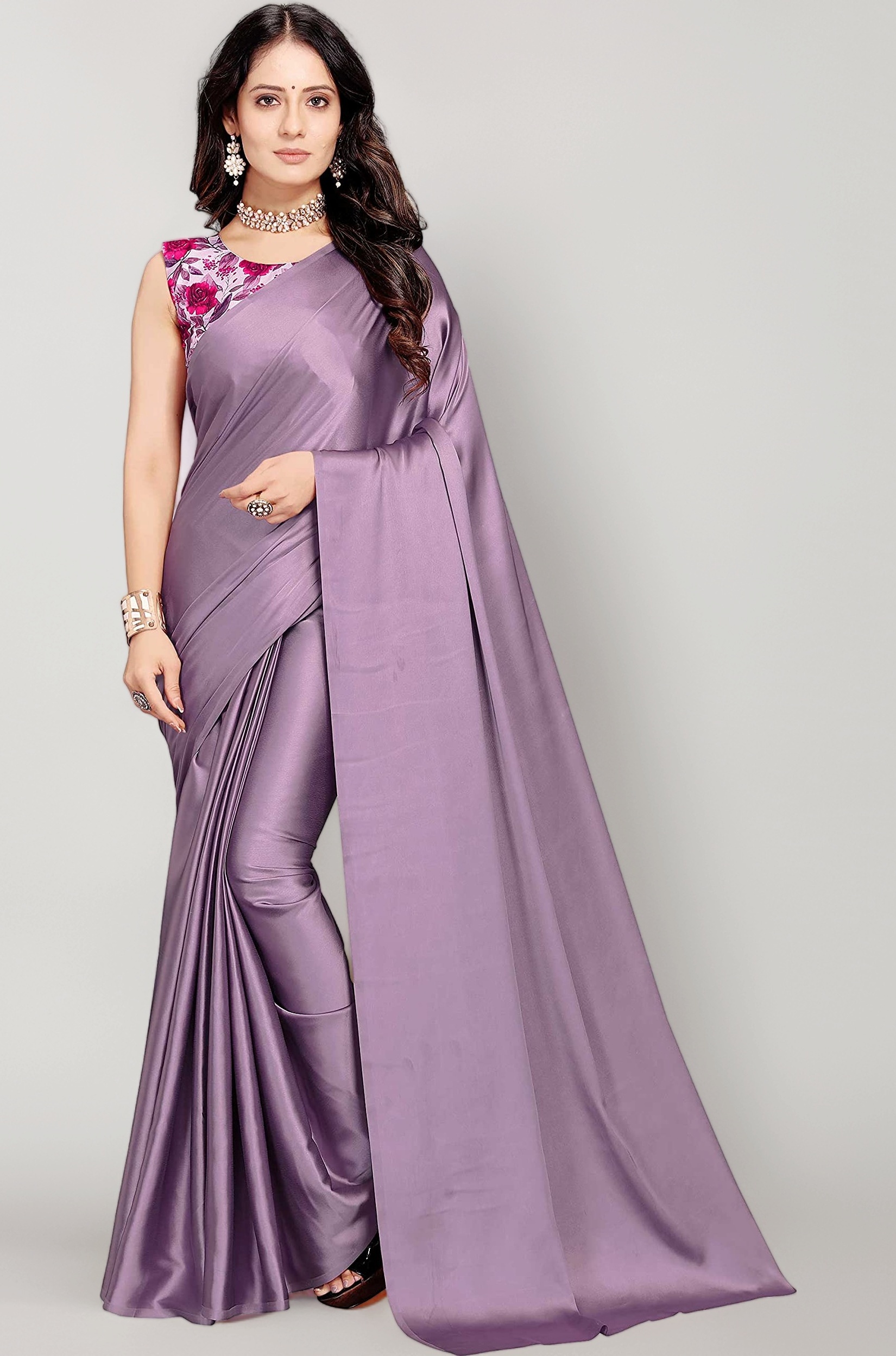 Women's Woven Soft Satin Silk Plain Saree With Designer Blouse Art Silk Digital Printed Unstitched 0.90 Meter