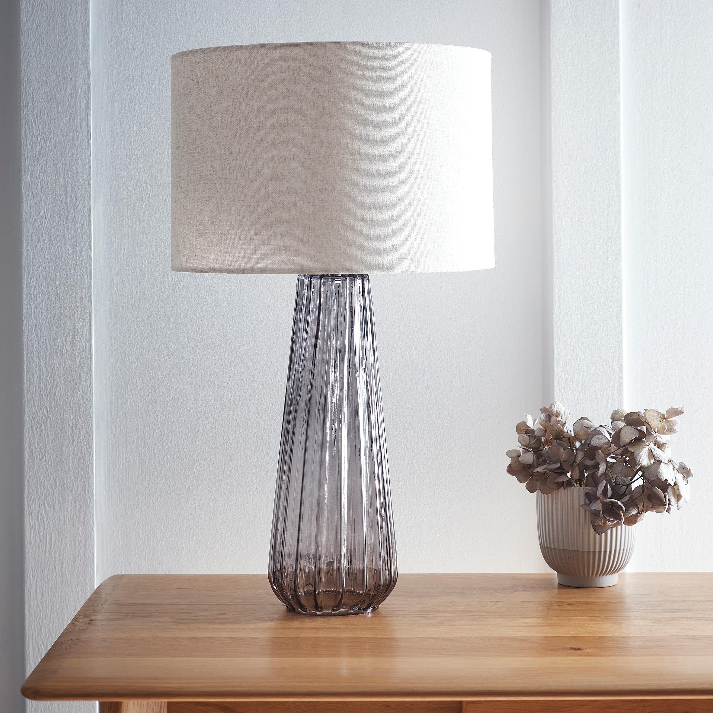 K Living Grey Palma Smoke Glass Table Lamp With Linen Shade Elegant Everyday Lighting Solution For Any Room In Your Home | Perfect For Bedside, Console, And Entrance Tables