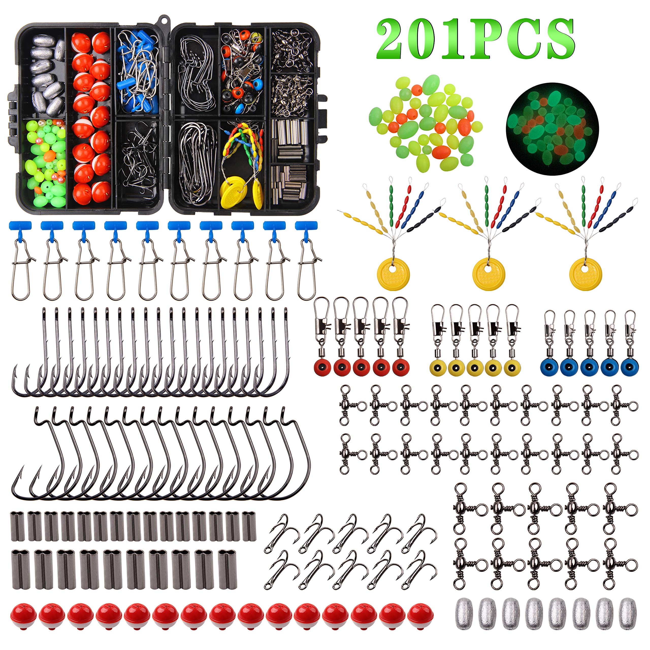 Fishing Accessories Kit, 201pcs Fishing Gear and Equipment Include Fishing Hooks Bobbers Fishing Weights Jig Heads Fishing Swivels Fishing Tackle with Tackle Box for Freshwater Saltwater
