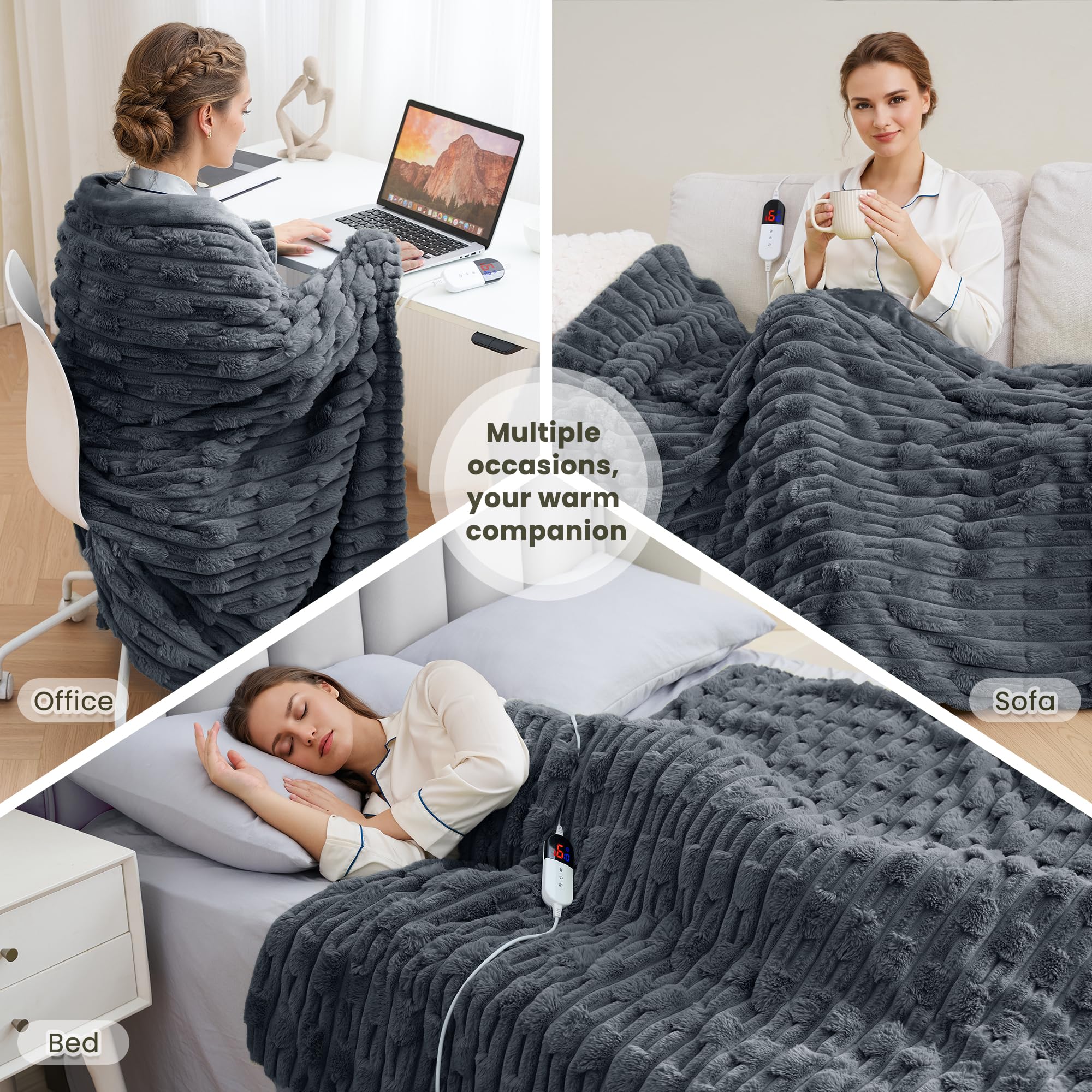 Coperta Elettrica Riscaldante 130x180cm, Tessuto Bambù Peluche Coniglio e Flanella, 6 Livelli di Riscaldamento, Spegnimento Automatico 1-10H, Coperta Termica Lavabile per Letto Divano Ufficio (Grigio)
