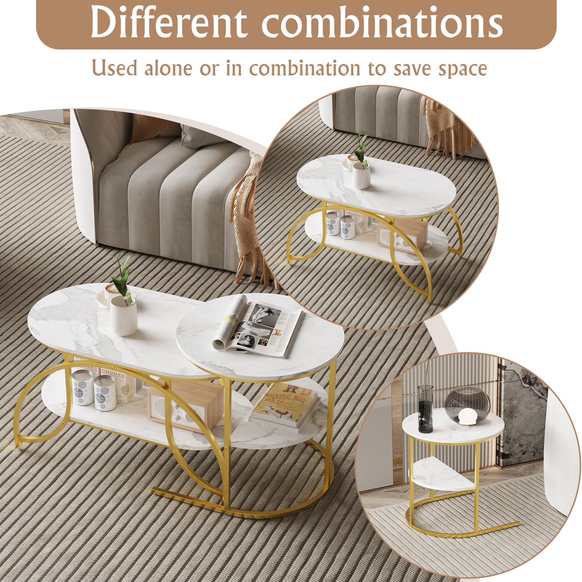 Set di 2 tavolini rotondi e ovali, con vano portaoggetti, effetto marmo, telaio in metallo, tavolo da salotto, tavolino da caffè, bianco e oro