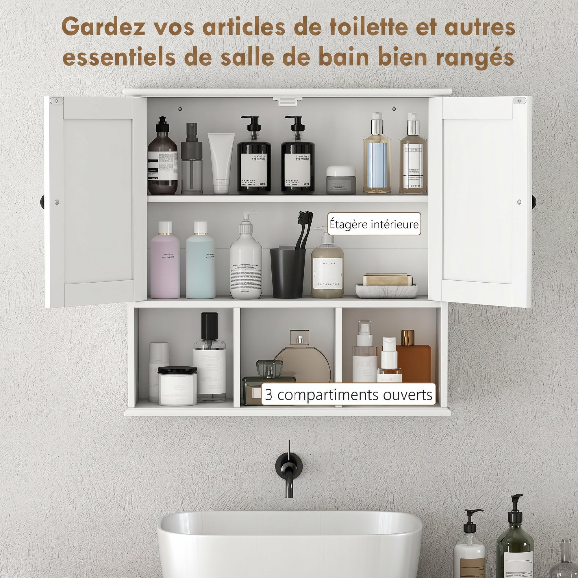 HOMCOM Armoire Murale de Salle de Bain 2 Portes 60 x 19,5 x 60 cm Blanc | Meuble de Rangement Suspendu pour Salle de Bains, Étagère Réglable, Compartiments Ouverts, Meuble WC Suspendu