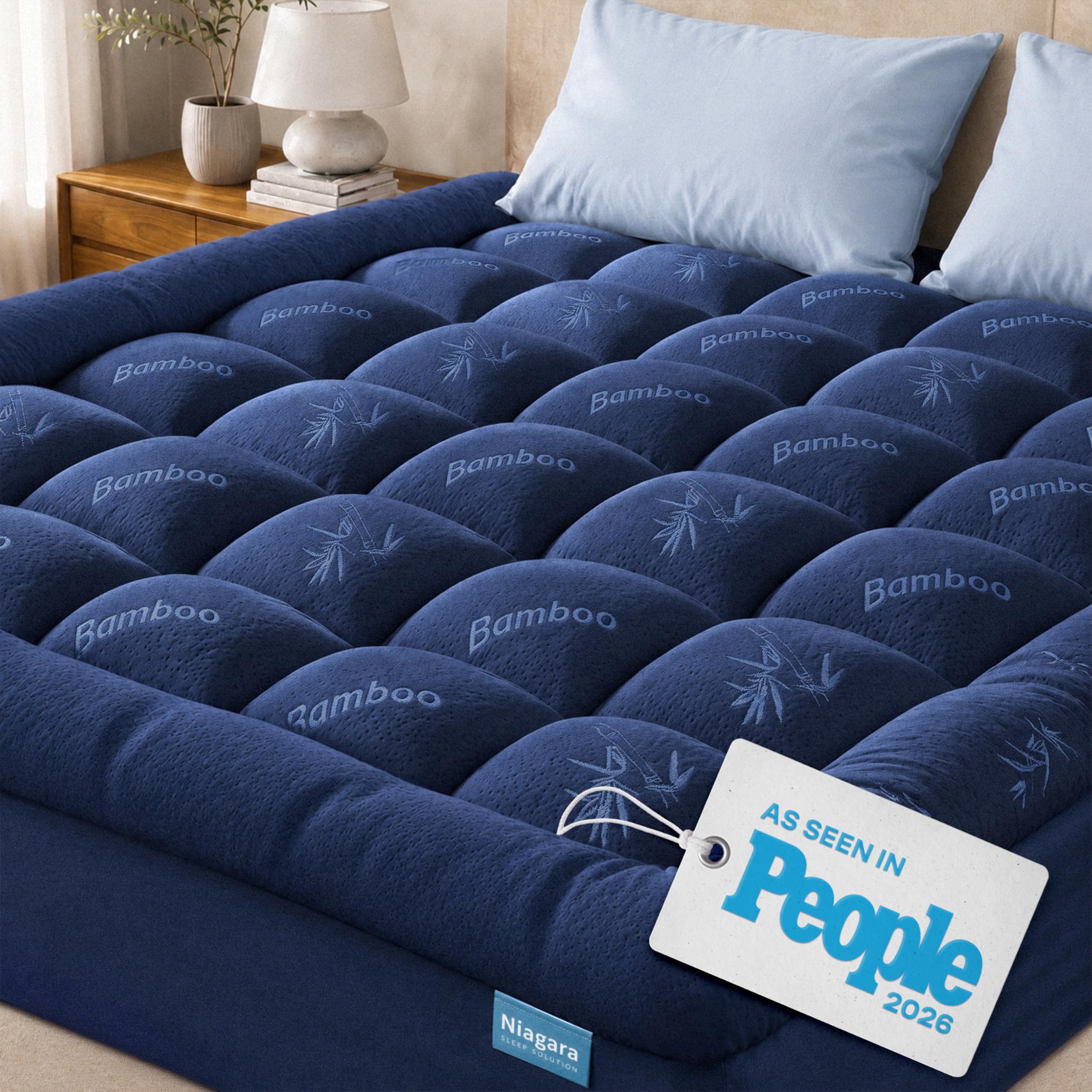 Niagara Sleep Solution Twin XL Ultra Soft Mattress Topper—Back Pain Relief | Rayon Derived from Bamboo, 20" Deep Pocket, Breathable Pillow Top Mattress Pad, Perfect for Hot Sleepers, Navy Blue