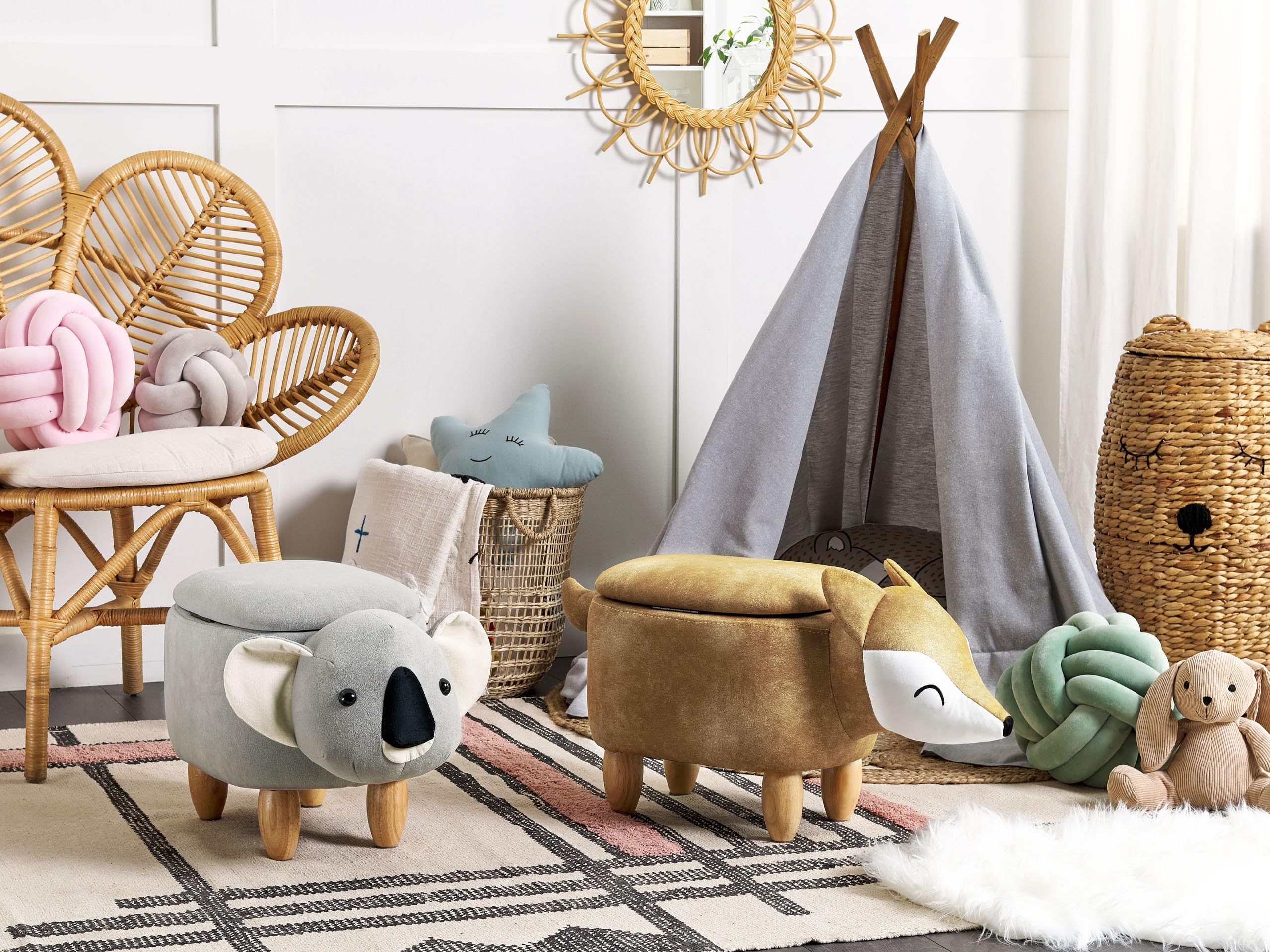 Hocker mit Stauraum für Kinder Tierform Samt orange Holzbeine Modern Fox