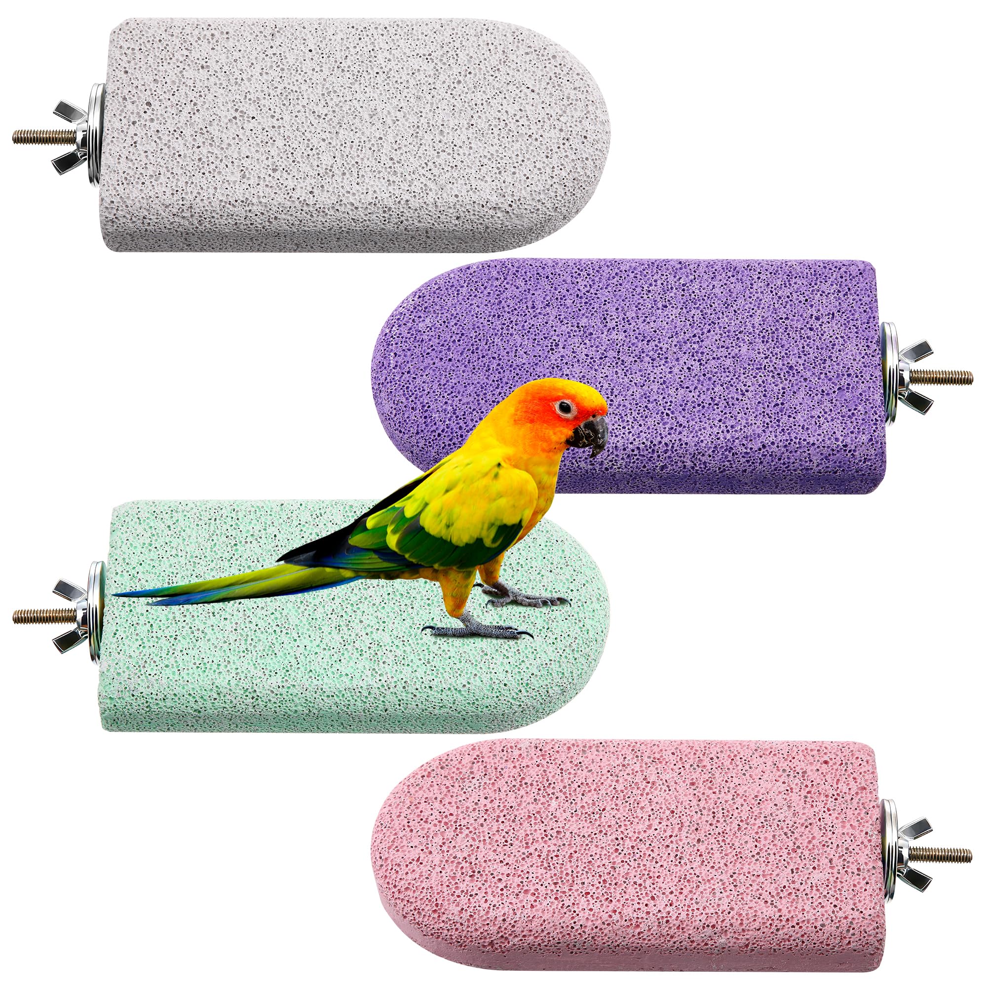 HappyAlley 4 Pack Bird Beak Grinding Stone, Pumice Lava Ledge for Birds, Chinchillas, Hamsters, Parrots, Bird Perch Stand Climbing Ledge, Teeth & Beak Grinding Block(Long)