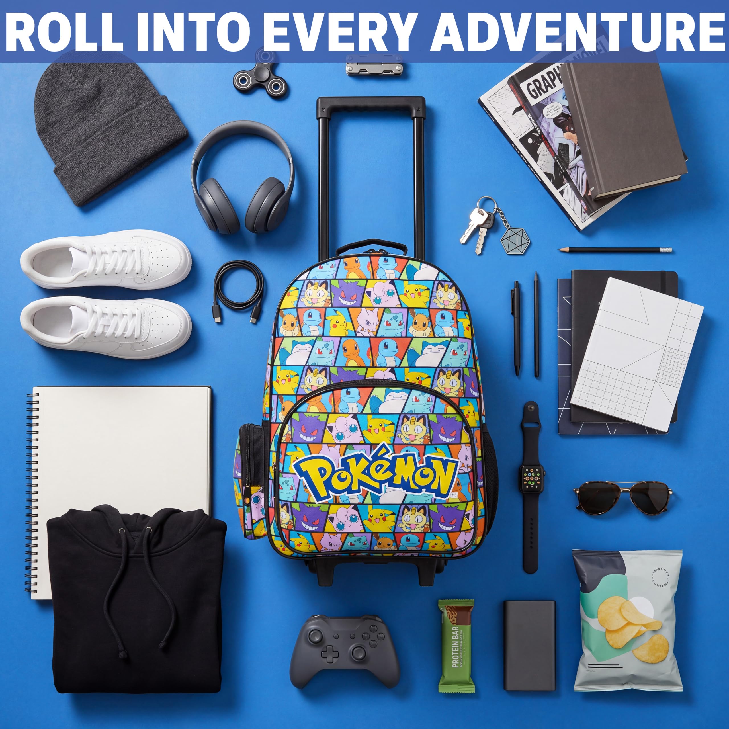 Get Trend Pokemon Trolley Rucksack Kinder, 2-in-1 Reisetasche mit Rollen und Metallgestell, Leicht Handgepäck Rucksack mit verstellbaren Schultergurten, Anime Geschenke für Jungen (Multi Pokemon)