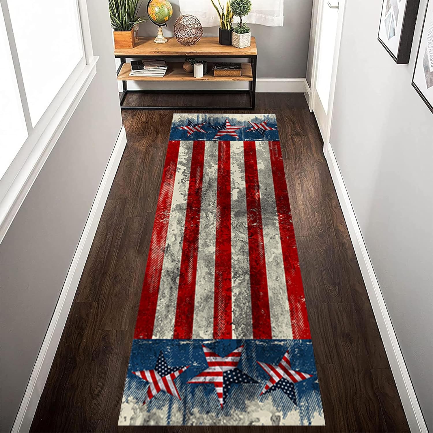 American USA Flag Runner Rug, 4x10ft, Distressed Red White Blue Stripe Star Freedom Banner Vintage Area Rug, Non Slip Low Pile Patriotic Decor Carpet for Living Room Kitchen