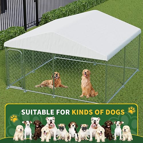 Miniatura 6 de Caseta para Perros al Aire Libre Grande 10 x 10 Pies, Recinto para Perros Resistente con Techo Cubierto Completamente Resistente a los Rayos UV y a