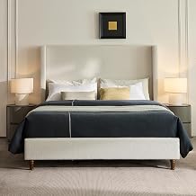 King 54" Harper Tall Headboard Wingback Upholstered Platform Bed Frame Premium Boucle Elegant Simplicity for Bedroom Strong Wood Slats Support No Box Spring Needed No Noise Cream White