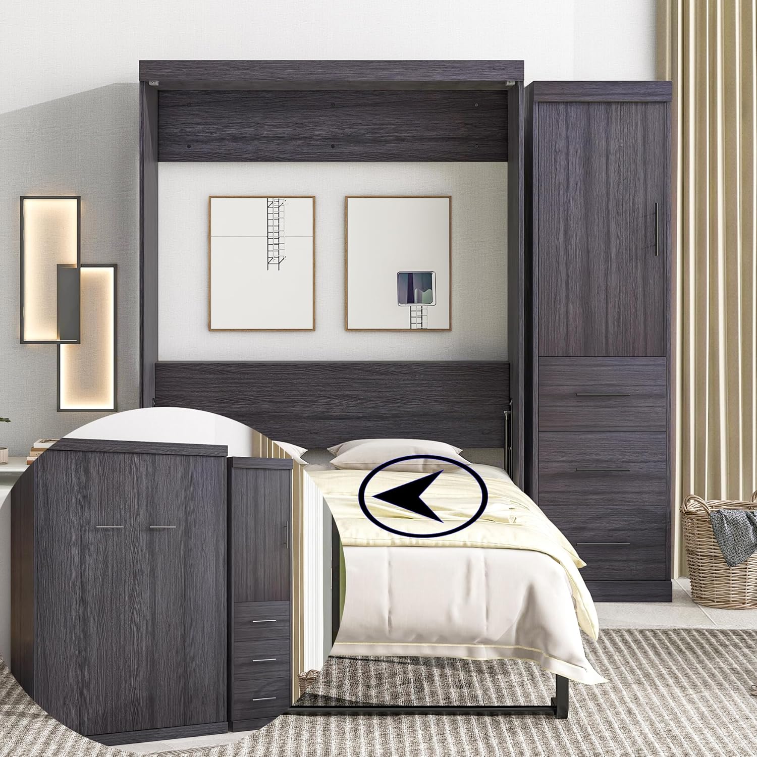 SOFTSEA Full Murphy Bed with Storage Wall Bed Wardrobe for Small Space