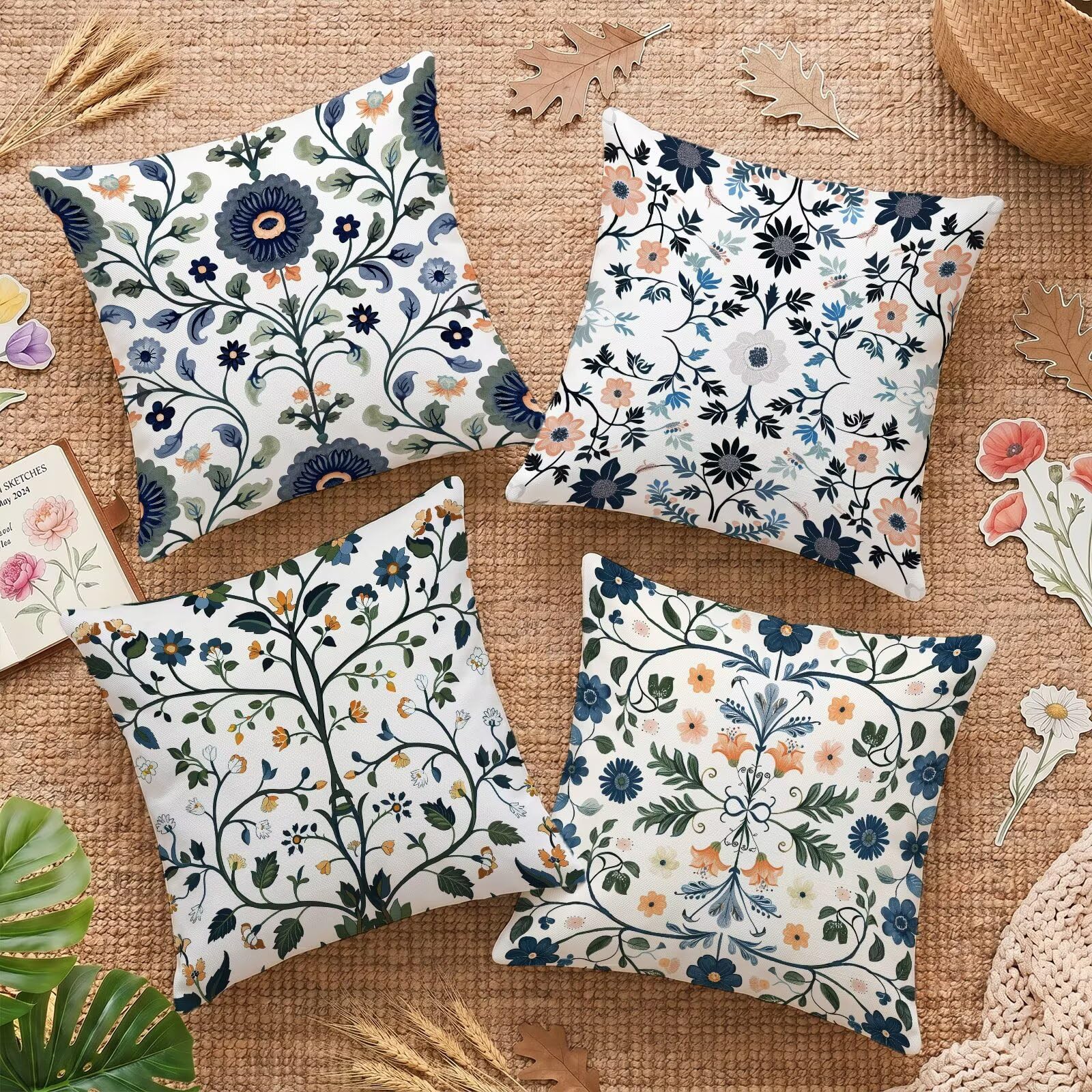 Housses de coussin 35x35 cm lot de 4 en velours imperméable fleur nordique pour canapé
