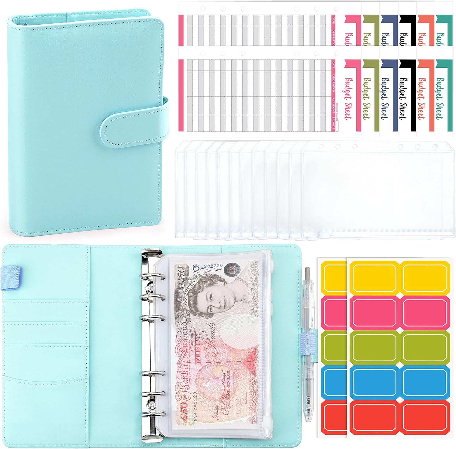 A6 Budget Binder Planner Leather Ring Binder Notebook with 12 Clear