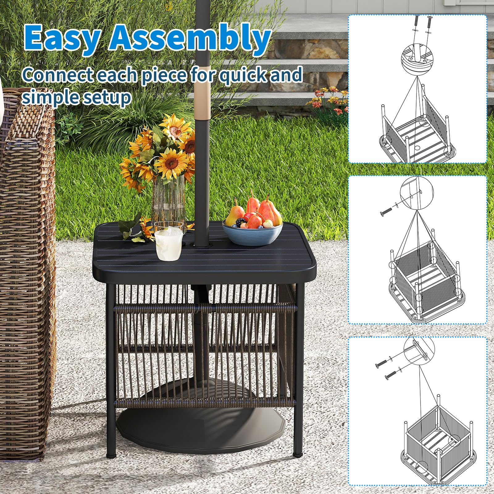 LIFEZEAL Table basse de jardin, petit balcon, extérieur, avec trou pour parasol, 56 x 56 x 49 cm, en rotin PE, métal, avec plateau à barres, pieds réglables, max 50 kg, moderne, peu encombrant, noir