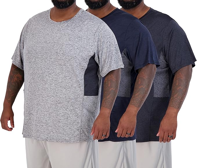 Real Essentials 3 Pack: Mens Big & Tall Tech Stretch Long-Sleeve & Short-Sleeve Dry-Fit T-Shirt (3XT-5XT)