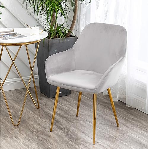 Miniatura 7 de BTEXPERT Modernas sillas doradas oscuras con respaldo medio para sala de estar, juego de dos, sillón de ocio de terciopelo gris con patas chapadas