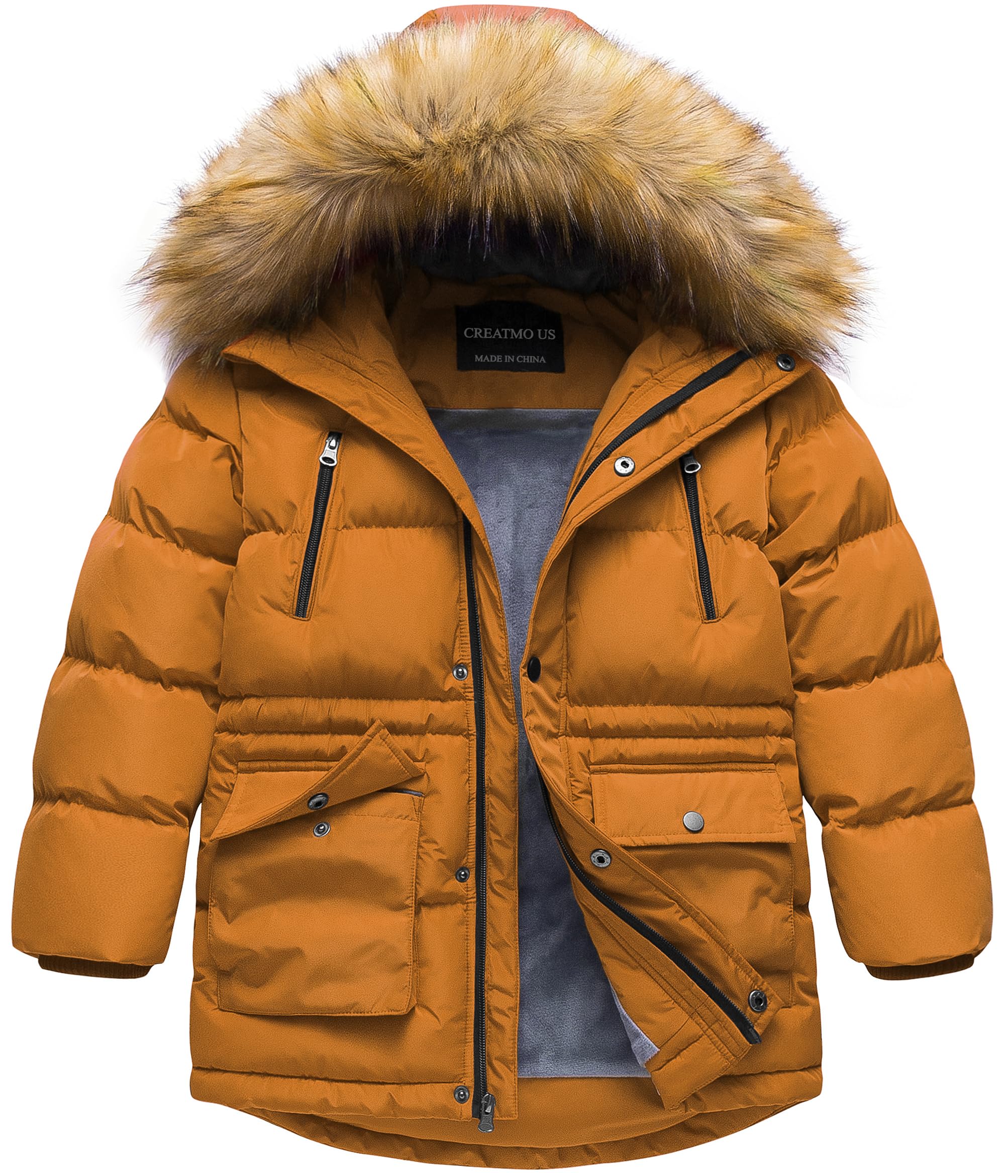 CREATMO US Boy's Winter Parka Water Resistant Hooded Puffer Fleece Lined Jackets Coats
