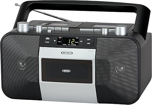 Jensen MCR-1000SB - Sistema de música retro moderno y portátil, reproductor de CDcassette, pantalla LCD, grabadora compacta de doble cassette, radio