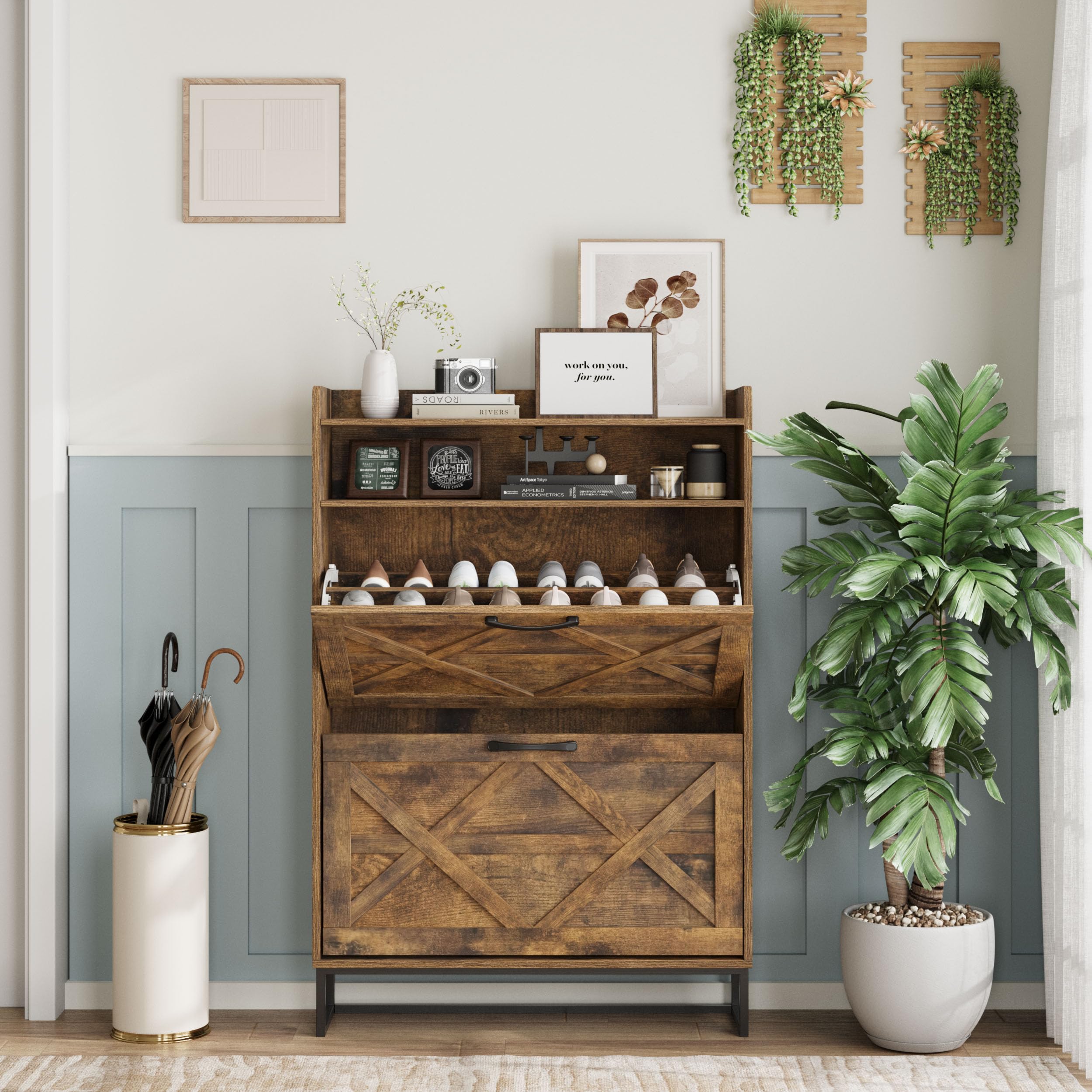 Farmhouse Shoe Storage Cabinet with 2 Flip Drawers and Barn Door Design, Modern Hidden Slim Narrow Shoe Rack Cabinet for Entryway, Hallway, Living