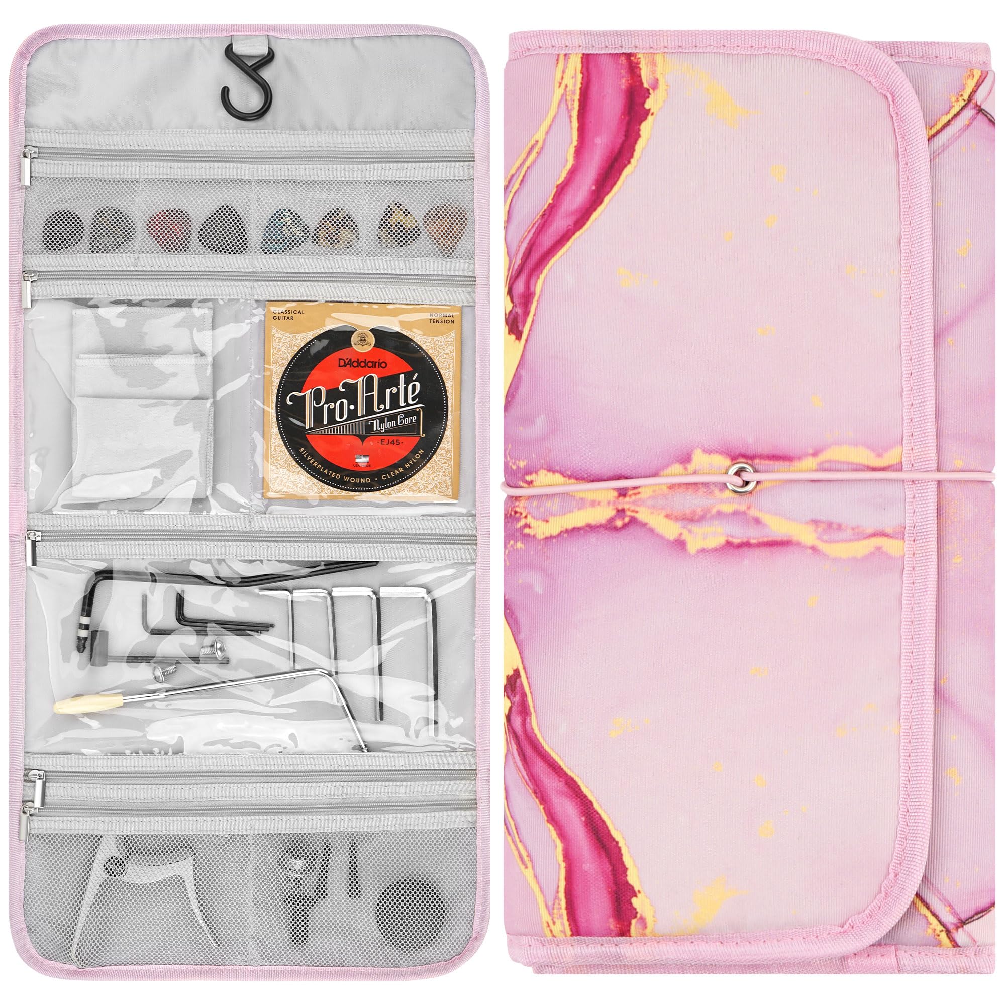 GEEKRIA Portable Guitar Accessories Storage Bag, Foldable Easy Access Pockets Case, Picks Parts Holder Bag (Pink Marble)