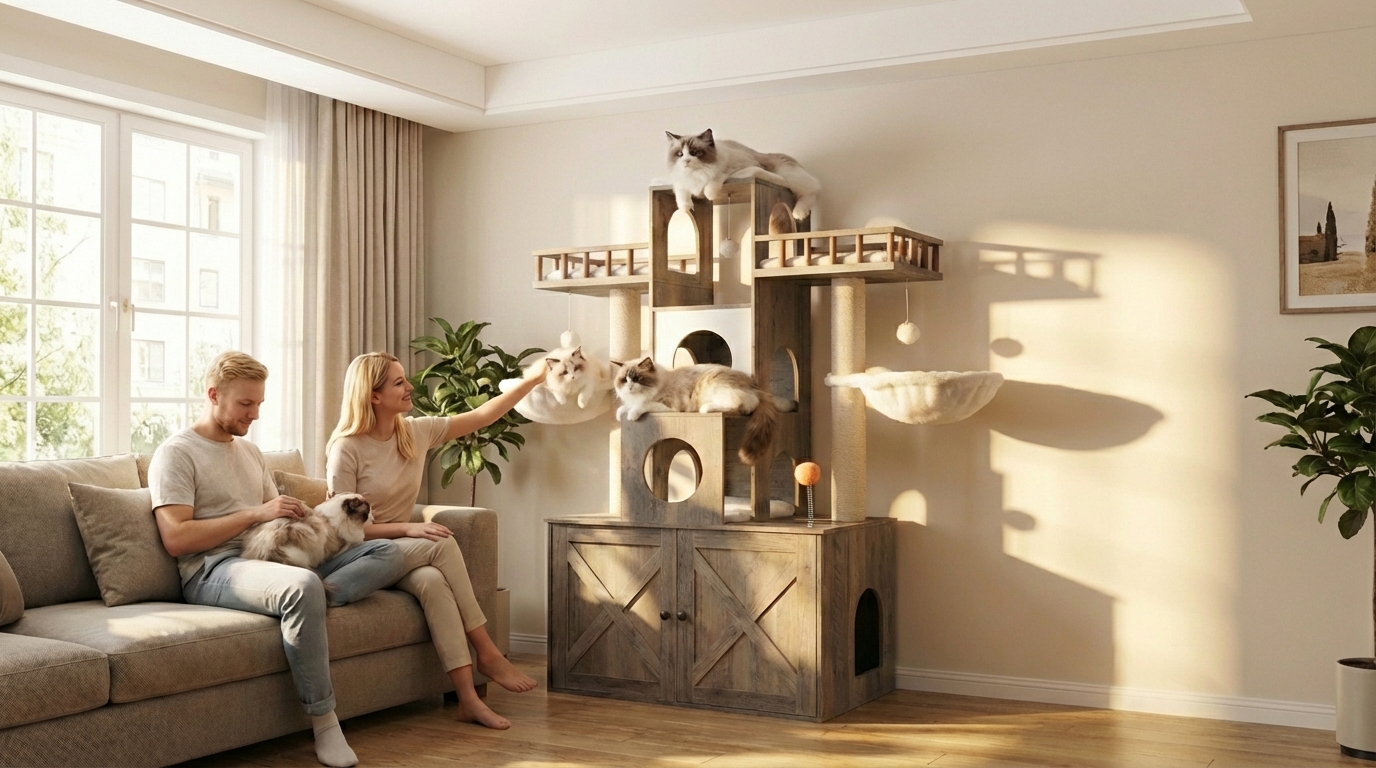Heybly Cat Tree with Litter Box Enclosure for Indoor Big Cat, Cat