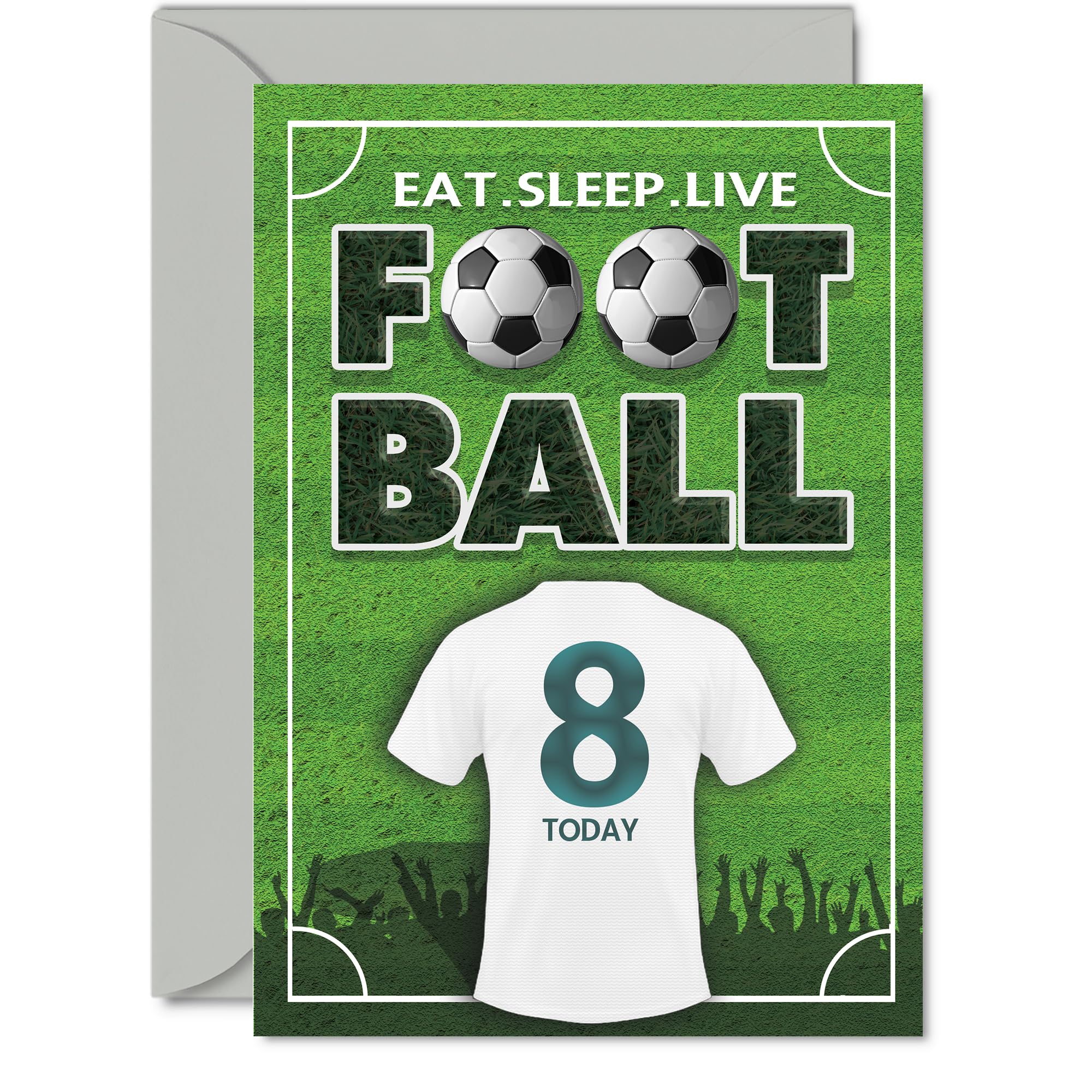 Playful 8th Birthday Card - Eat. Sleep. Live. Football - Bold Green Design with White Number 8 Jersey - Perfect for Young Football Fans - A5, Envelope Included