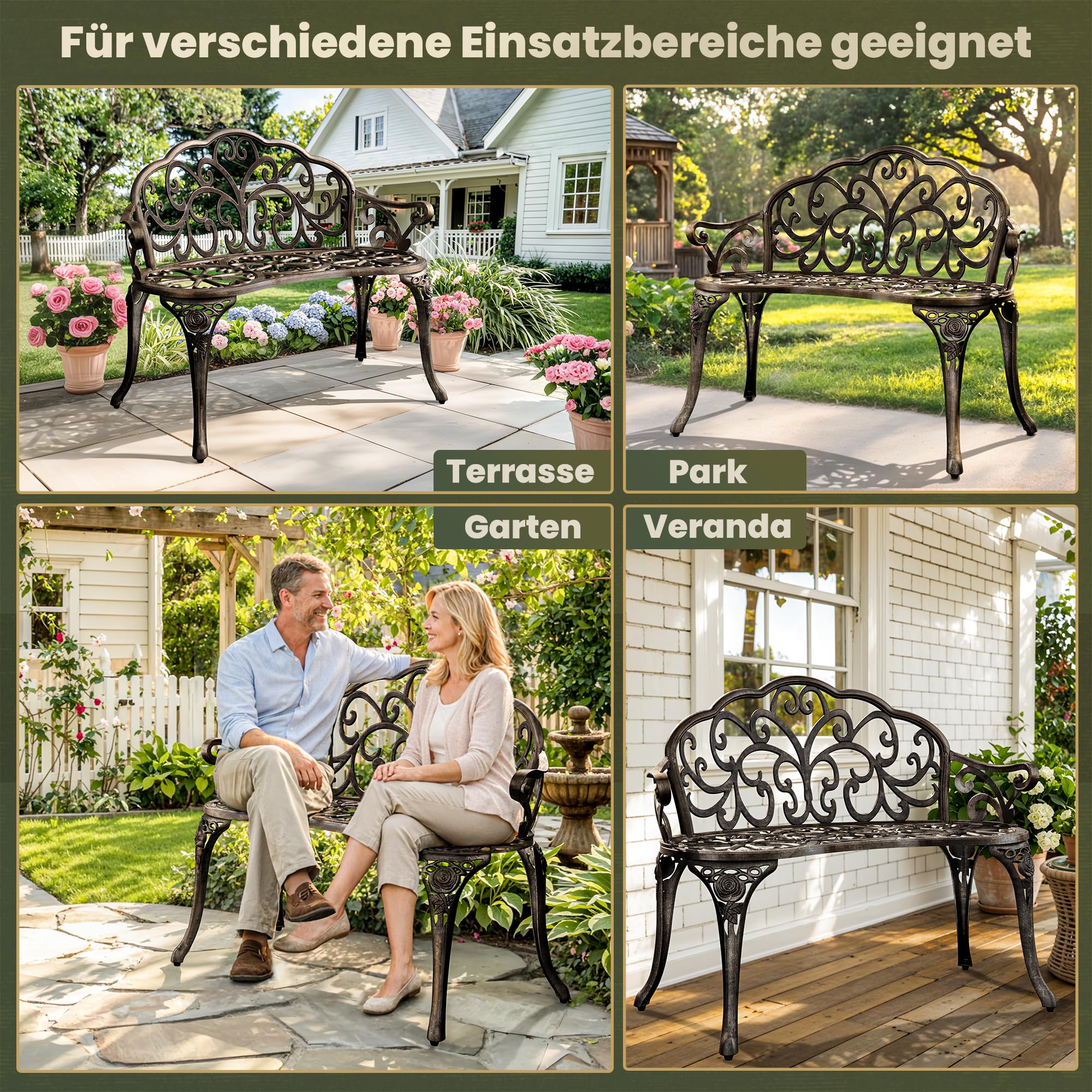Pamapic Gartenbank 2 Sitzer, Gartenbank Wetterfest Alu mit Vintage-Schnitzdesign, Sitzbank Outdoor mit Rückenlehne und Armlehnen, Parkbank für Garten, Balkon, Veranda, Bronze