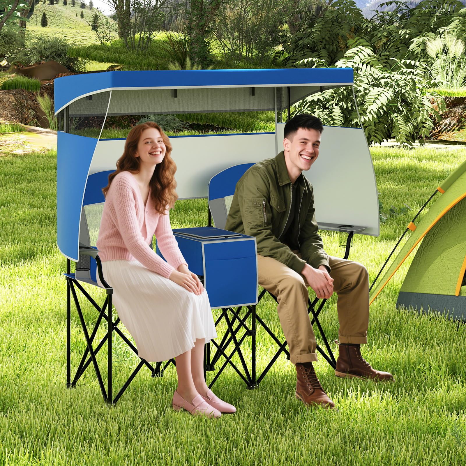 GOPLUS Silla de Playa con Dosel Ajustable, Silla Plegable de Camping Sobredimensionada con Sombra Enrollable, Bolsa Enfriadora, Portavasos, Bolsa de Transporte, para 2 Personas (Azul)