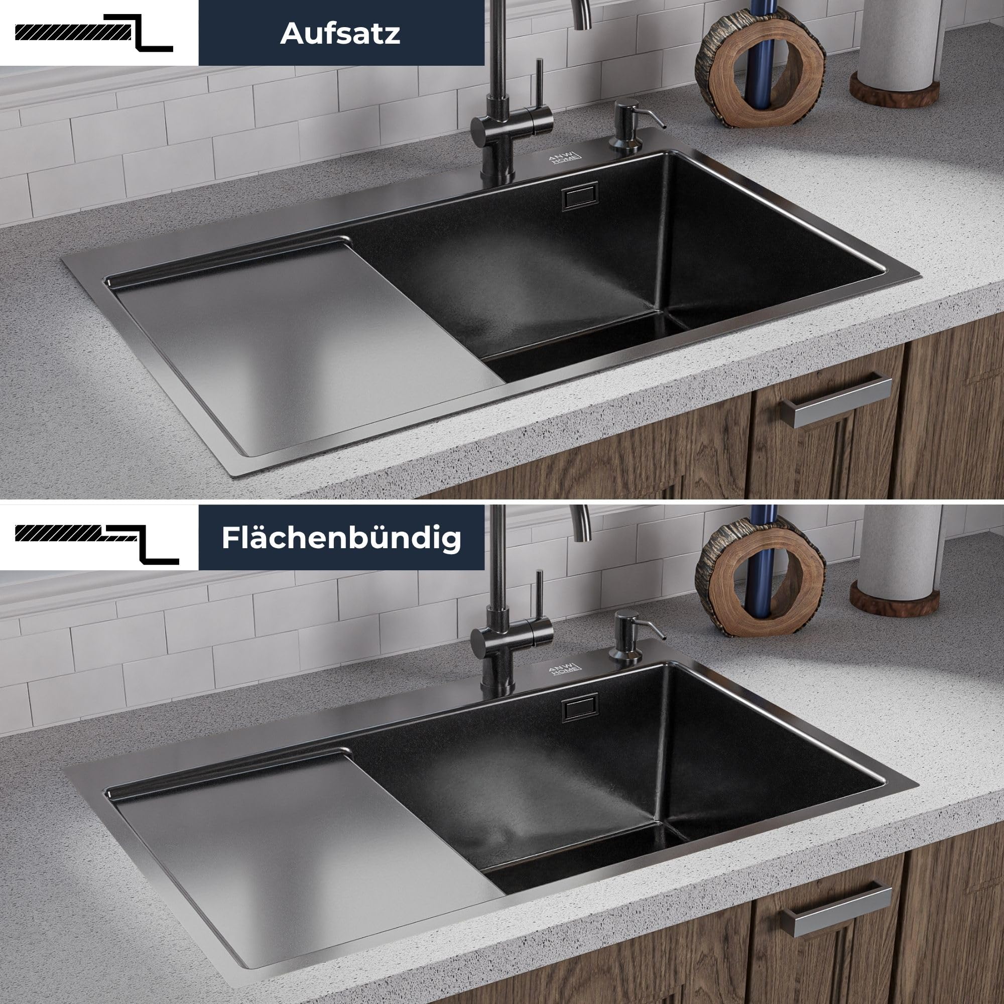 ANW HOME Spülbecken Küche 1 Becken 78x50 cm, Graphit PVD
