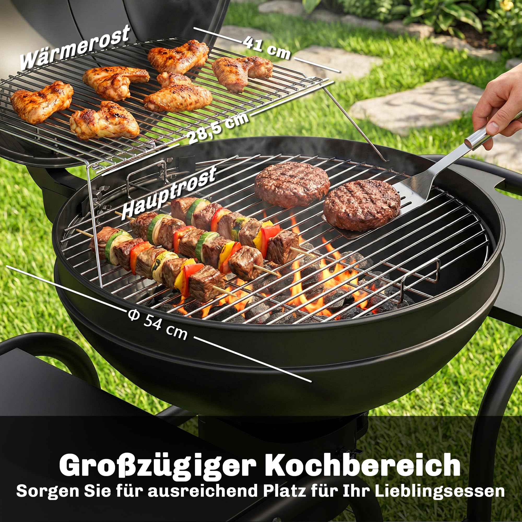 Outsunny grill węglowy kulisty z pokrywą 129 x 63,5 x 106,5 cm | Smoker, stoliki, koła, pojemnik na węgiel, wózek grillowy, termometr, grill węglowy na barbecue, camping, taras, ogród