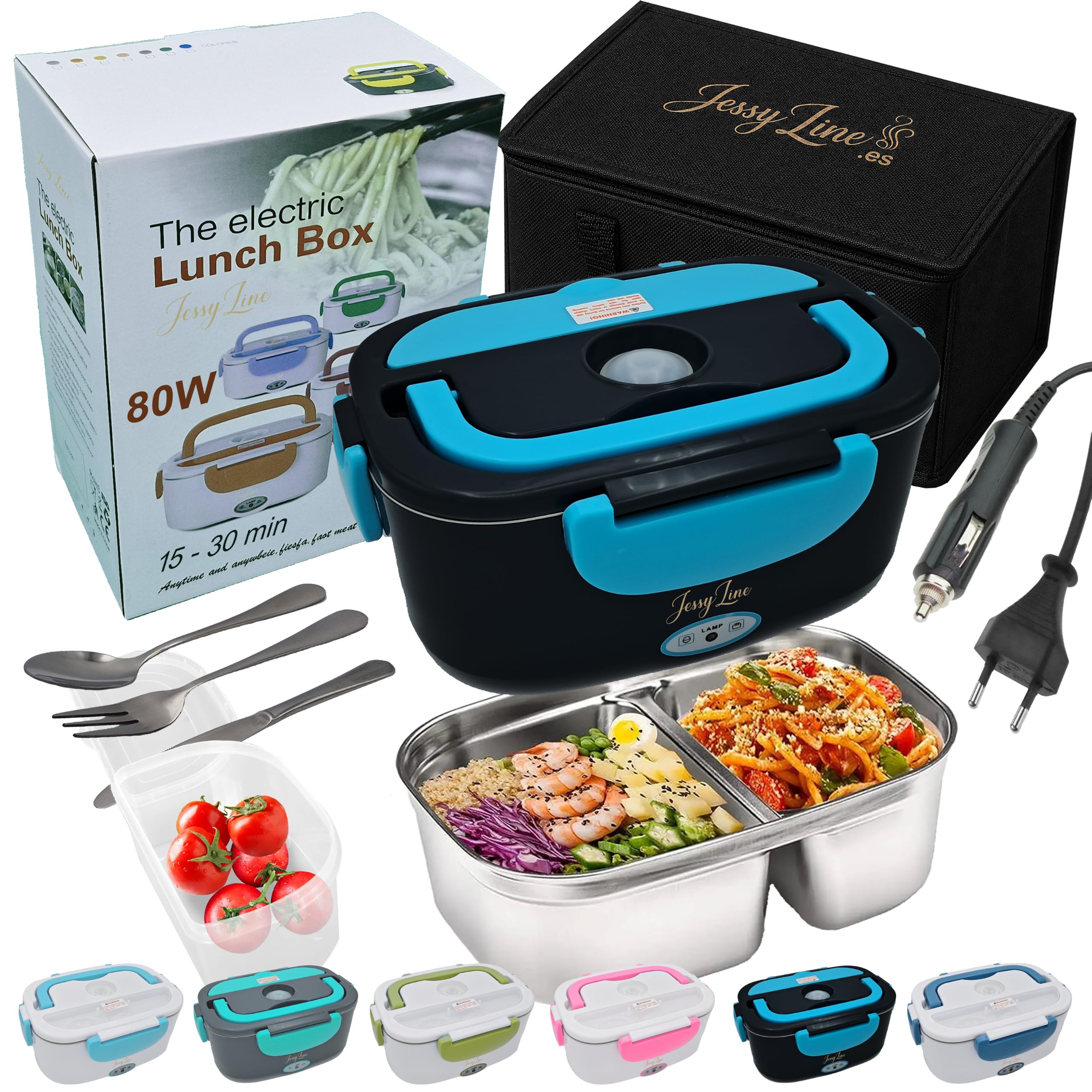 Fiambrera eléctrica portátil profesional elegante 80W 12V/24V/220V Multifunción coche camión oficina Calienta comida rápido Taper Contenedor dividido Acero inoxidable 1,5L Negra azul-claro
