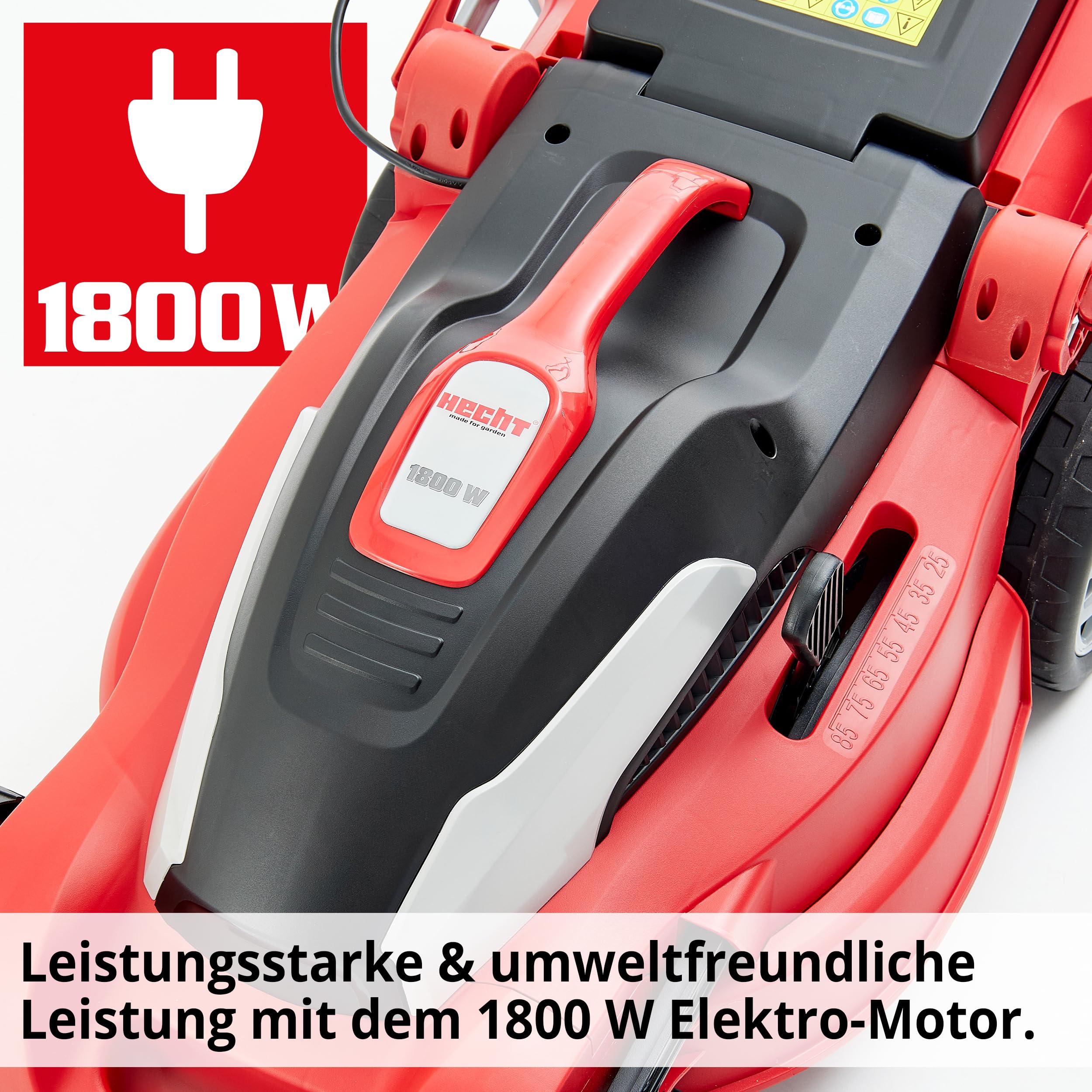 HECHT Elektro Rasenmäher 1800 W – 42 cm Schnittbreite, 50 L | 11-fache zentrale Schnitthöheneinstellung 25–85 mm für gepflegten Rasen, leichten Schnitt und komfortables Mähen