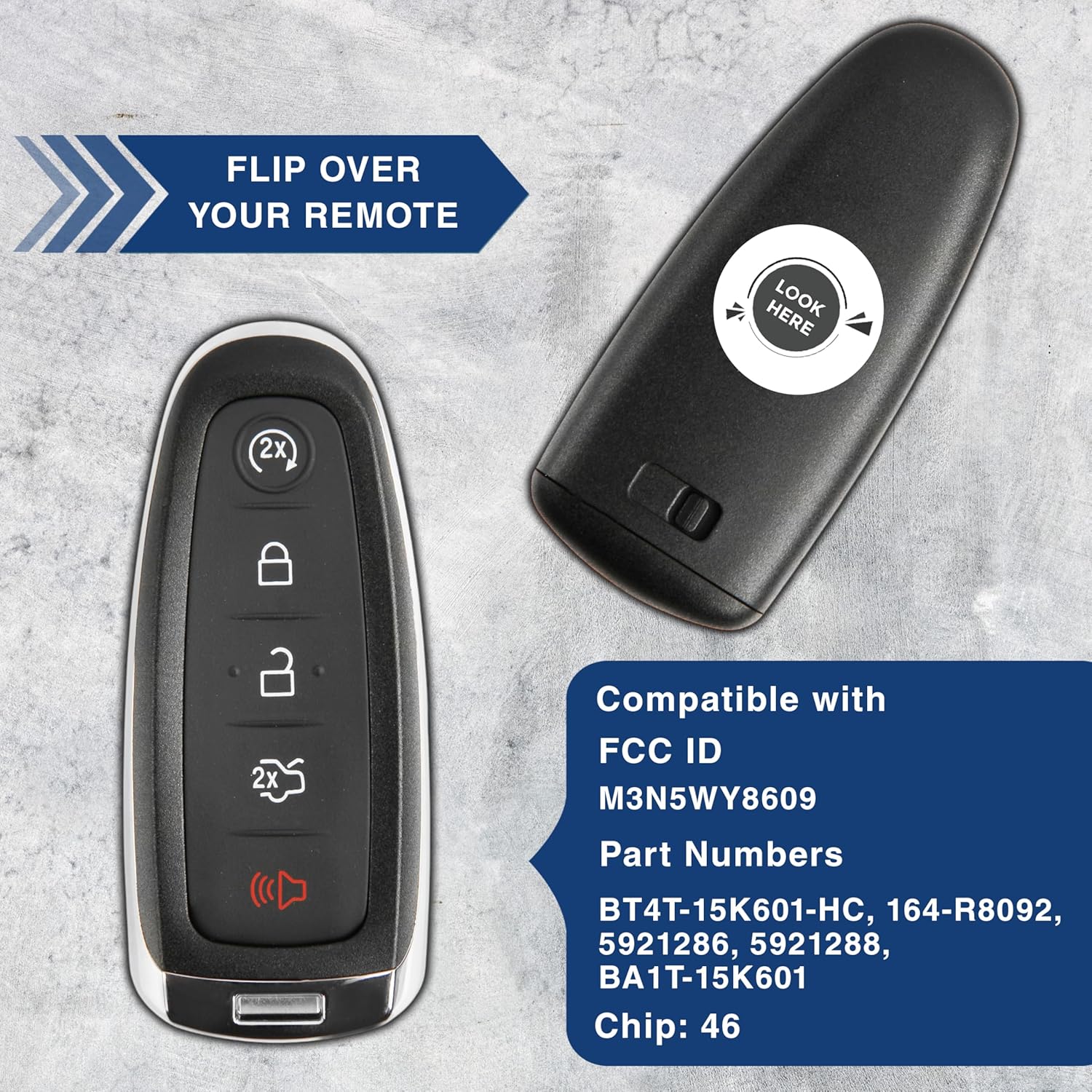 Image showing the back of a key fob with a 'Look Here' sticker, indicating where to find the FCC ID. Text states 'Compatible with FCC ID M3N5WY8609' and lists part numbers.
