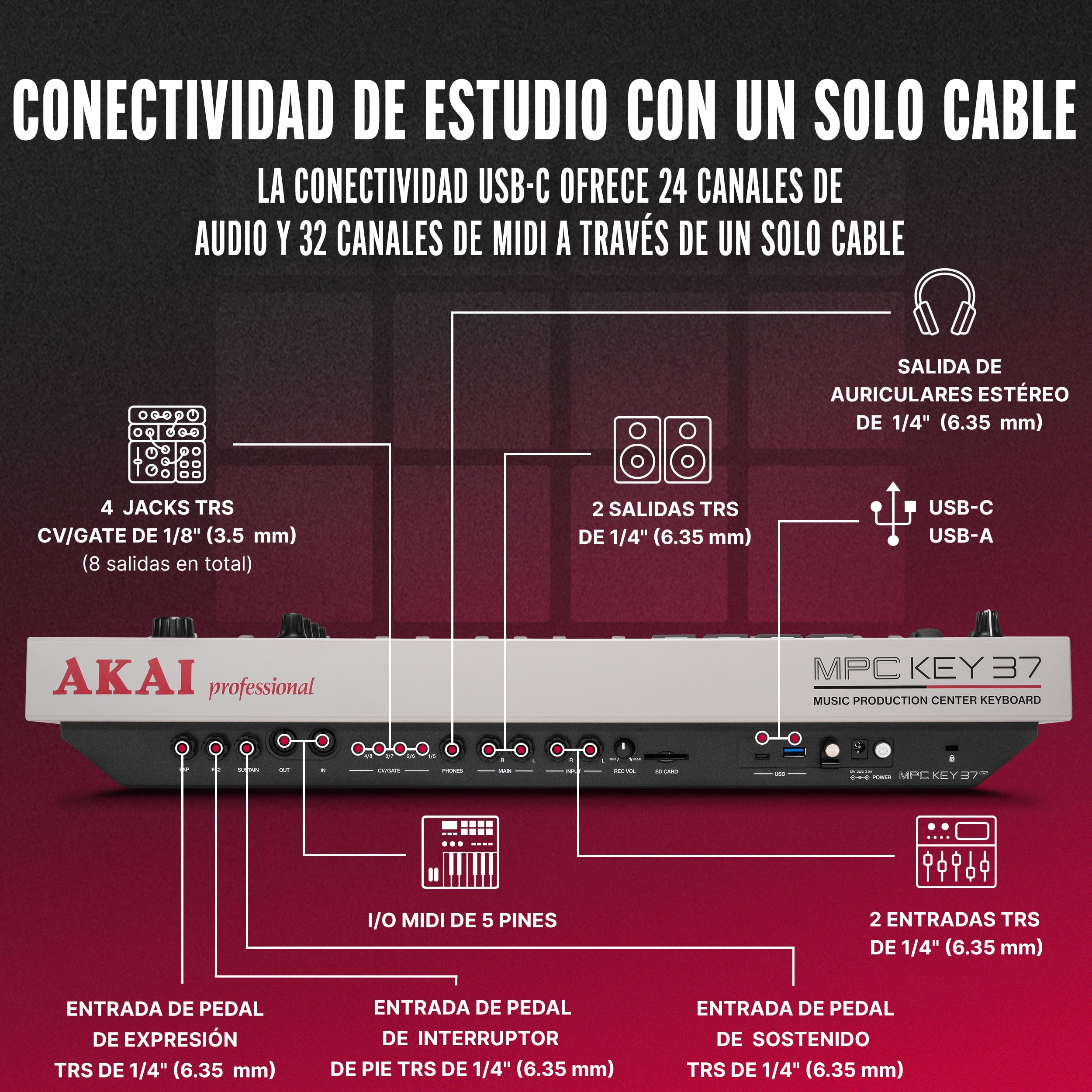 Akai Professional MPC Key 37 G2 Teclado de Producción Autónomo Next-Gen | Sintetizador para Productores, Sampling y Sequencing, con USB-C, 37 Teclas, 16 Pads MPC, Procesador 8-core, 4 GB RAM