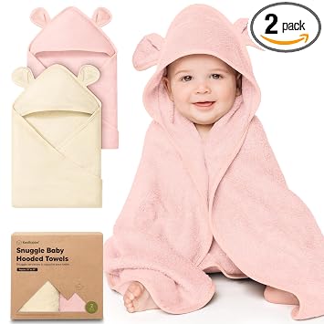 KeaBabies 2-Pack Hooded Baby Towels for Newborn - 35x35 Soft & Absorbent Viscose From Bamboo Baby Bath Towels with Hood for Infant,Toddler,Kids,Boys Girls,Newborn Bath Essentials Rose Ivory, Regular