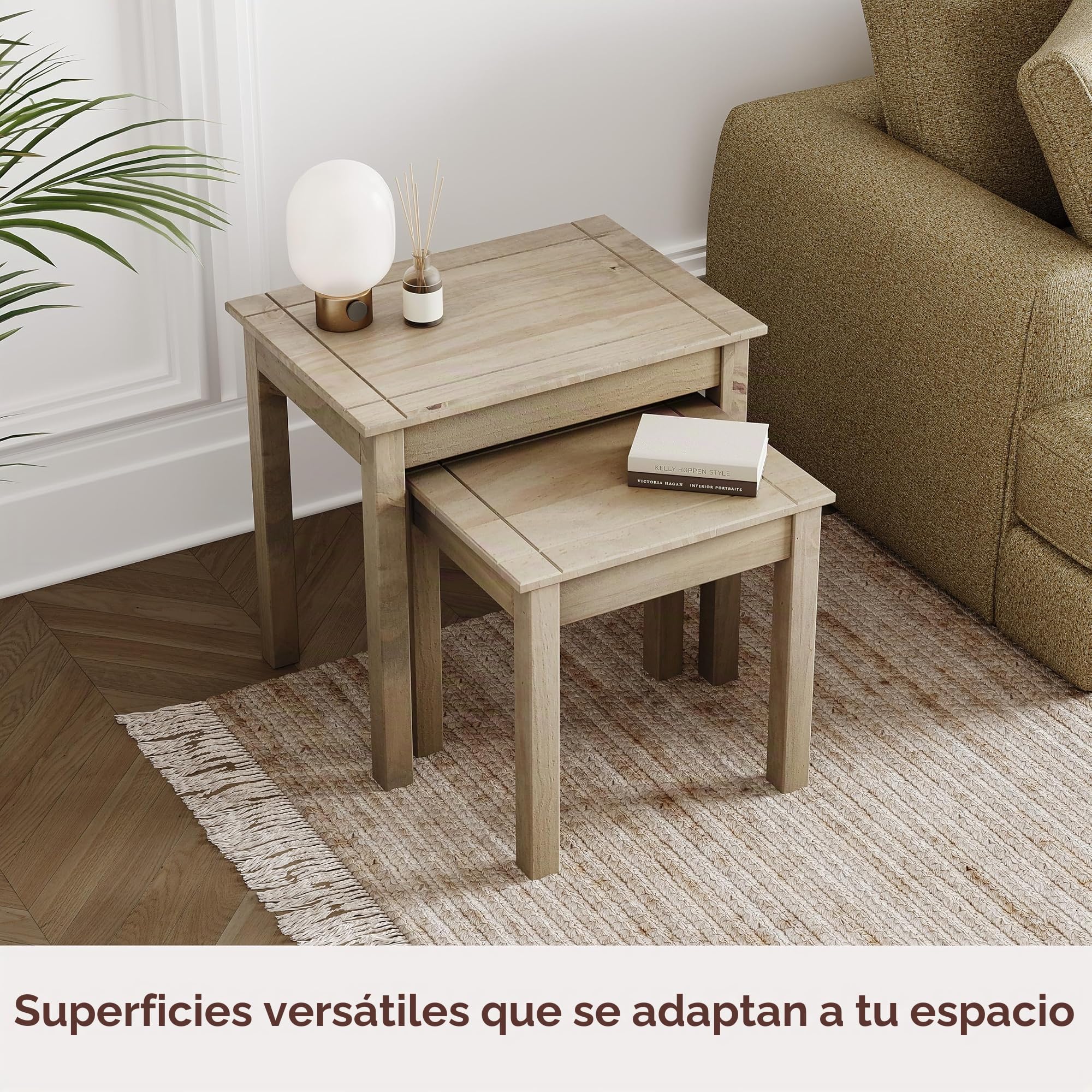 Vida Designs Panama - Mueble Nido de 2 mesas, Madera de Pino Macizo, Moderna lámpara Lateral para salón