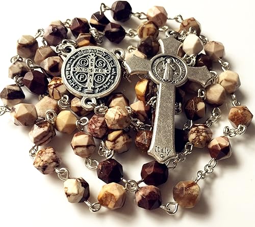 Miniatura 6 de elegantmedical Collar católico con cuentas de ágata natural de San Benedicto con rosario, caja de regalo