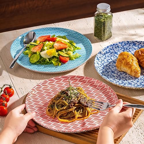 Miniatura 9 de Juego de 4 platos de cerámica de 10 pulgadas estilo retro bohemio para pasta, filete, aperitivos, pizza, pastel, platos coloridos para cocina,