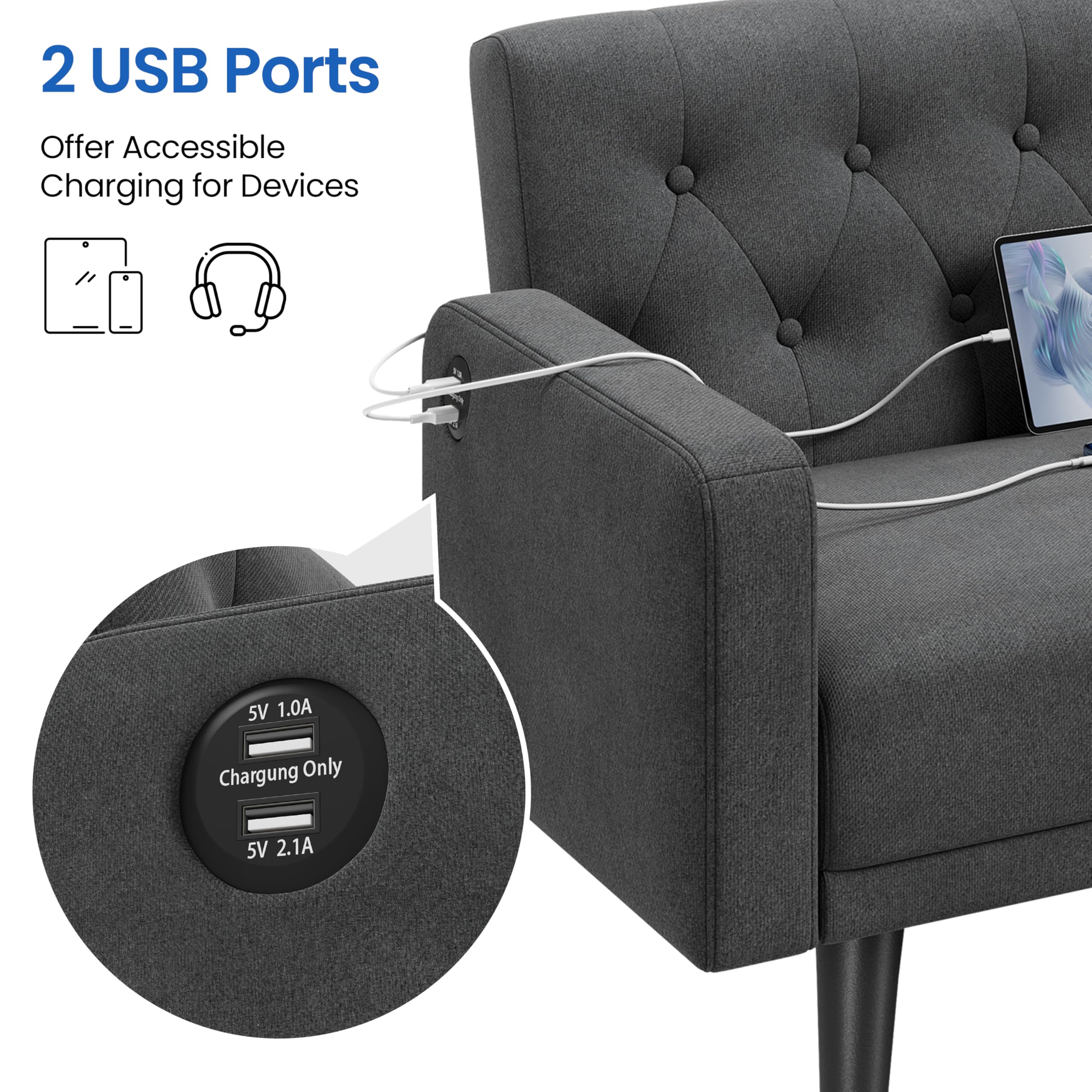 Yaheetech 63" Small Futon Sofa Bed, Convertible Couch with USB, Dark Gray | Loveseat, Compact Sofa Couch Fabric Reclining Futon Features 3 Angles, Removable Armrest for Apartment, Office, Living Room