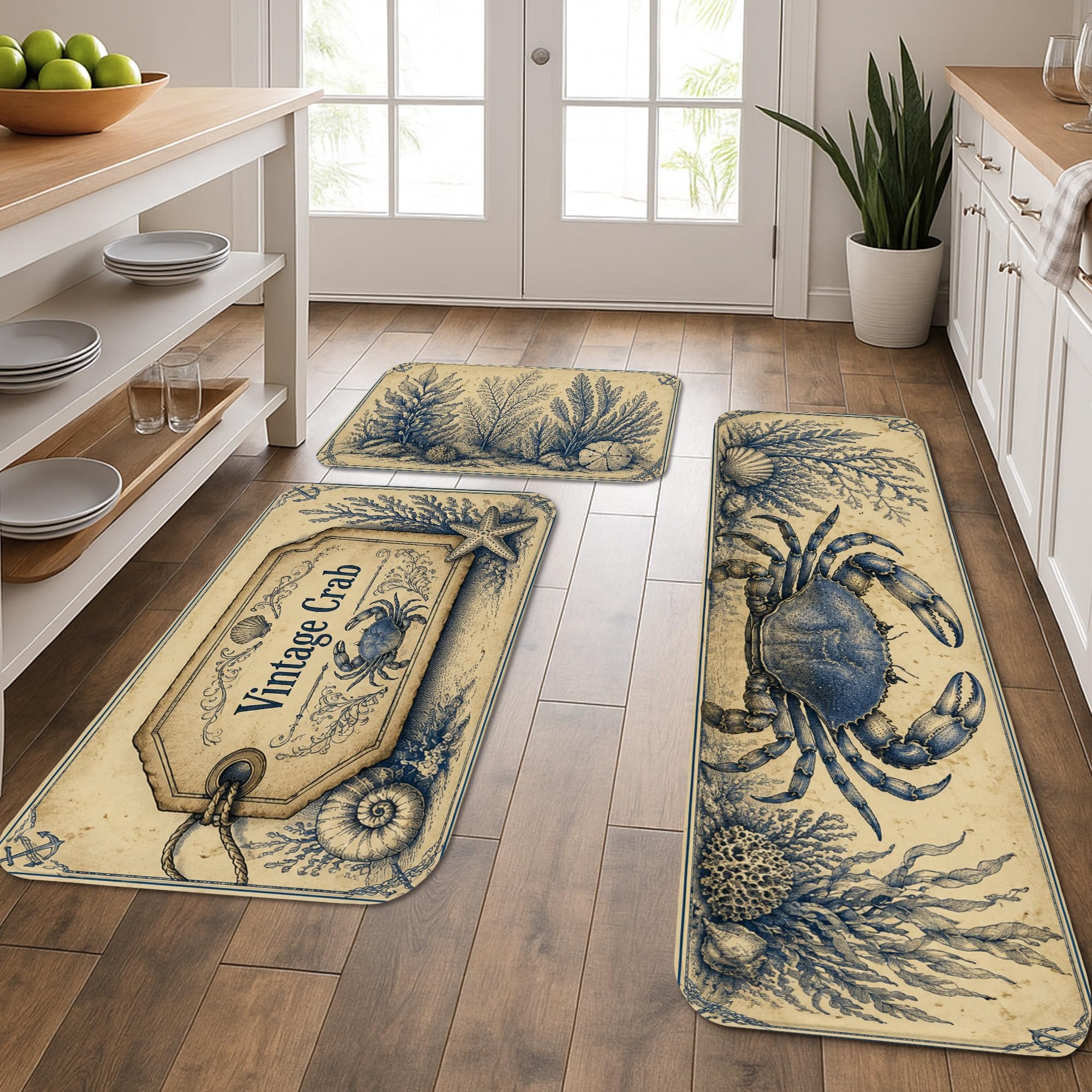 Tapis de cuisine nautiques vintage en lot de 3 pièces confortables pour sol et évier