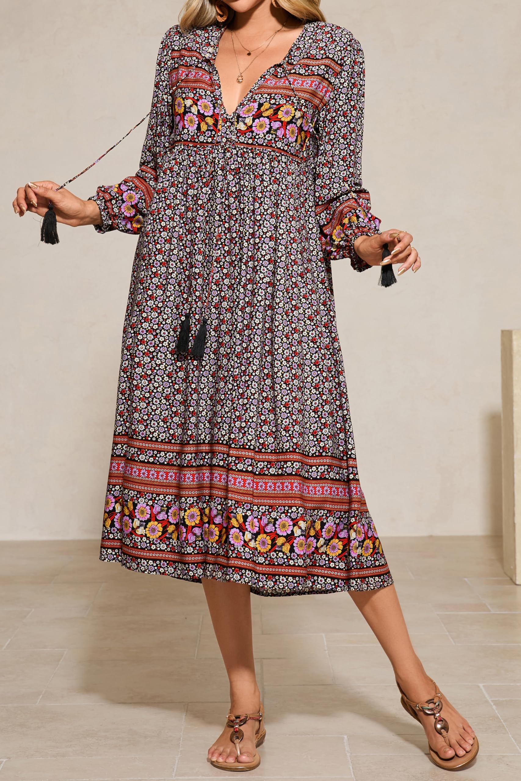 R.Vivimos Elegante Casual Mujer Bohemio Vestido Largo Estampado Corbata Manga Larga Vestido de Midi de Playa Vestido de Vacaciones