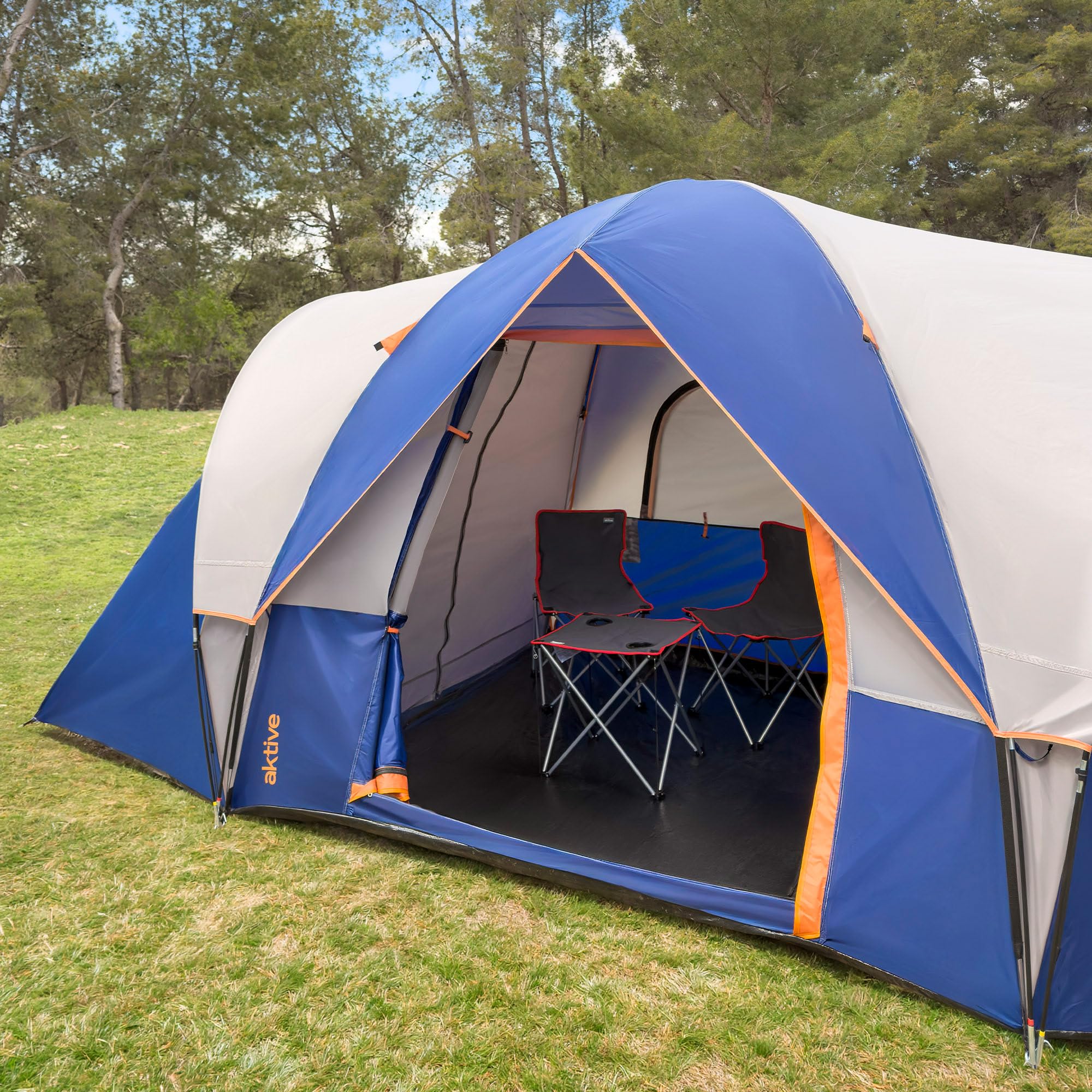 AKTIVE Tente de Camping pour 6 Personnes, 2 Chambres, 455 x 220 x 190 cm, Polyester, tiges en Fibre de Verre, moustiquaires, imperméable, 14 piquets, Sac de Transport, tentes de Camping (63188)