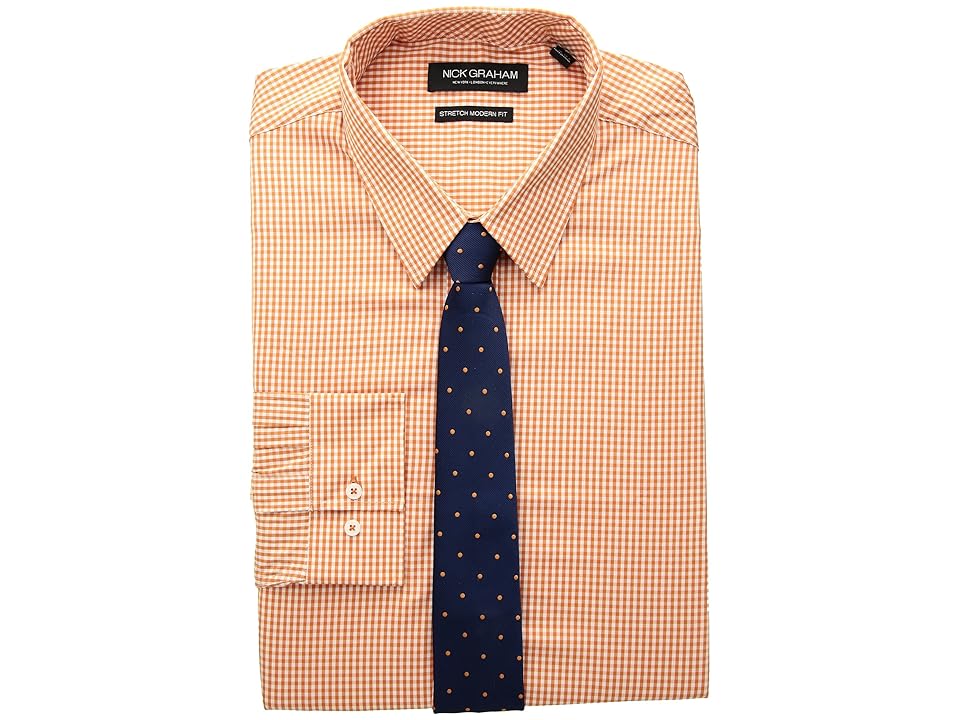 

Nick Graham Mini Gingham Stretch Dress Shirt with Solid Herringbone Tie (Orange) Men's Long Sleeve Button Up