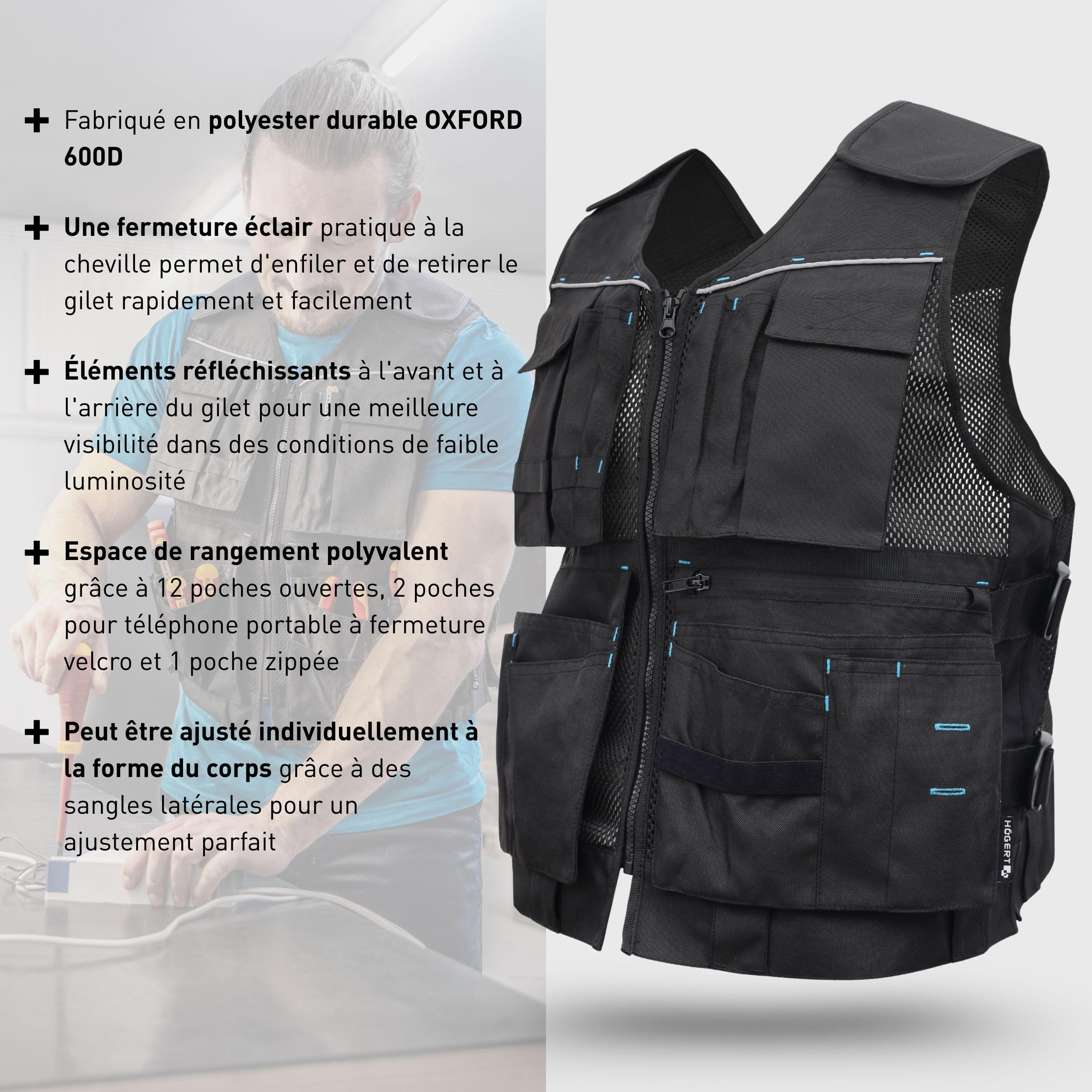 Högert Technik Gilet à outils noir | Tissu 100% polyester Oxford 600D | Gilet de travail pour homme avec de nombreuses poches