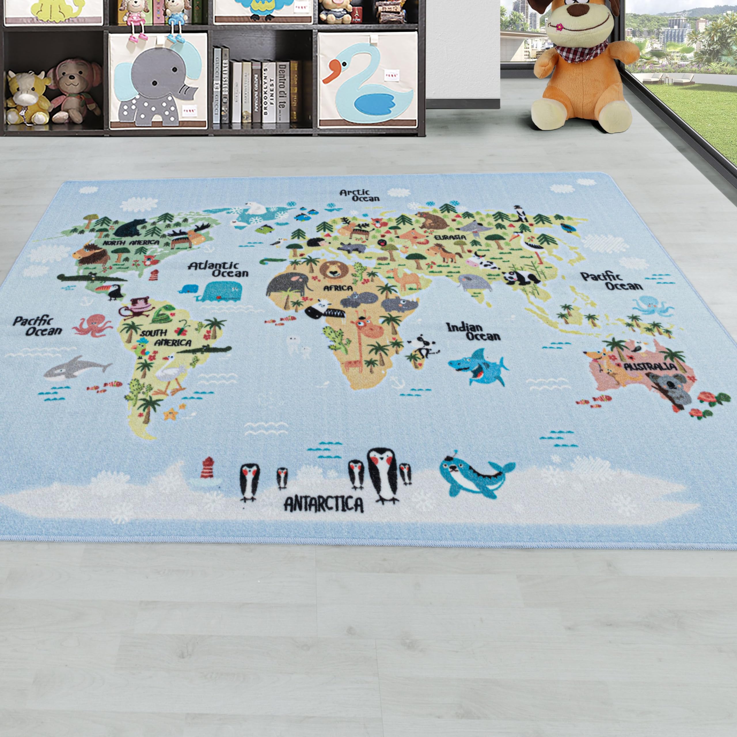 HomebyHome Tappeto per Bambini Tappeto Cameretta Bambino Disegno Animali Blu 80x120 cm - Tappeto Pelo Corto Tappeto Camera Ragazzo - Tappeto Camera dei Bambini Sala Giochi Tappeto Cameretta Bambina