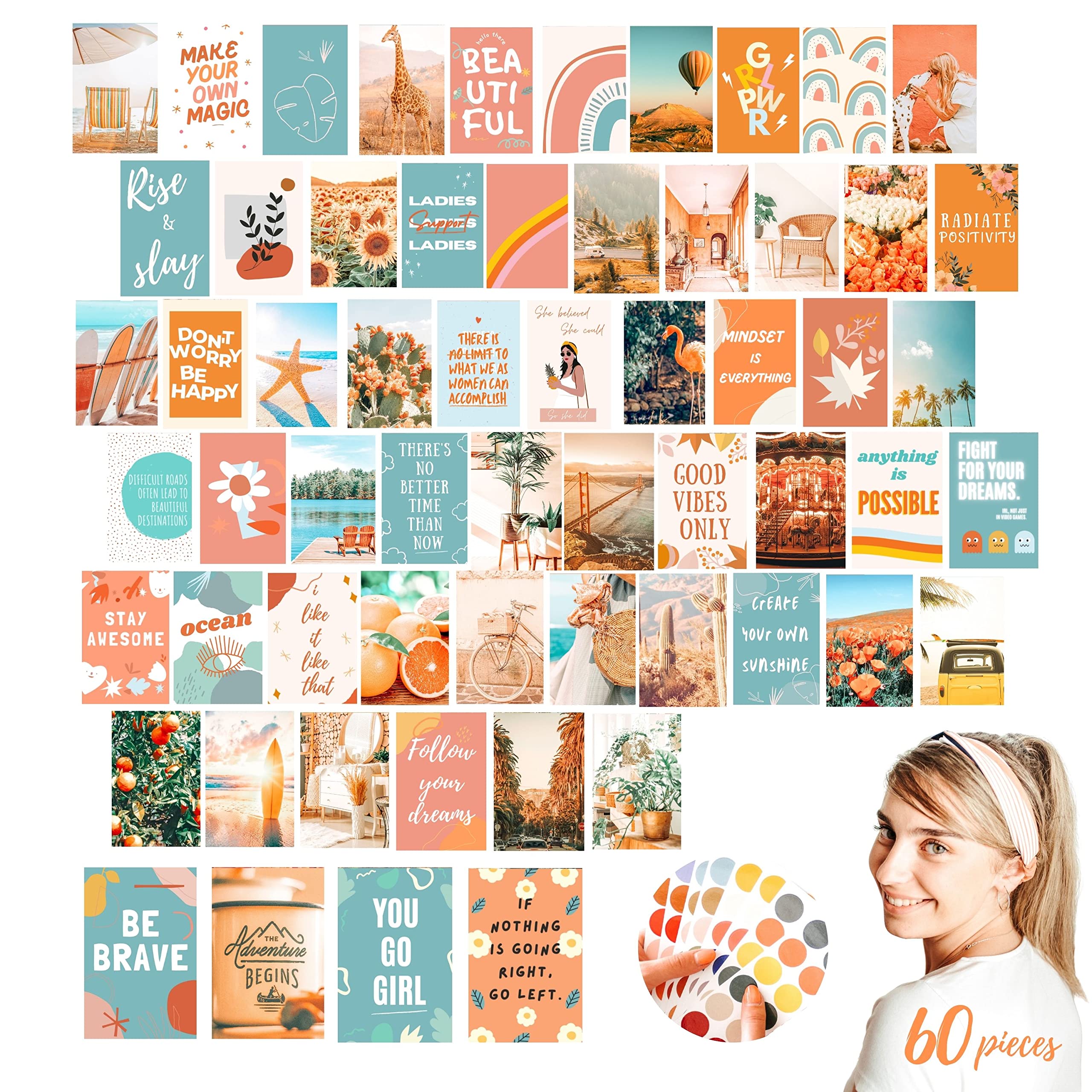 Peach Teal Wall Collage Kit - 60 pcs 4x6'' - Aesthetic Pictures For Wall Collage - Boho Decor for Bedroom - Aesthetic Room Decor - Aesthetic Wall Decor - Photo Collage Kit For Wall Aesthetic