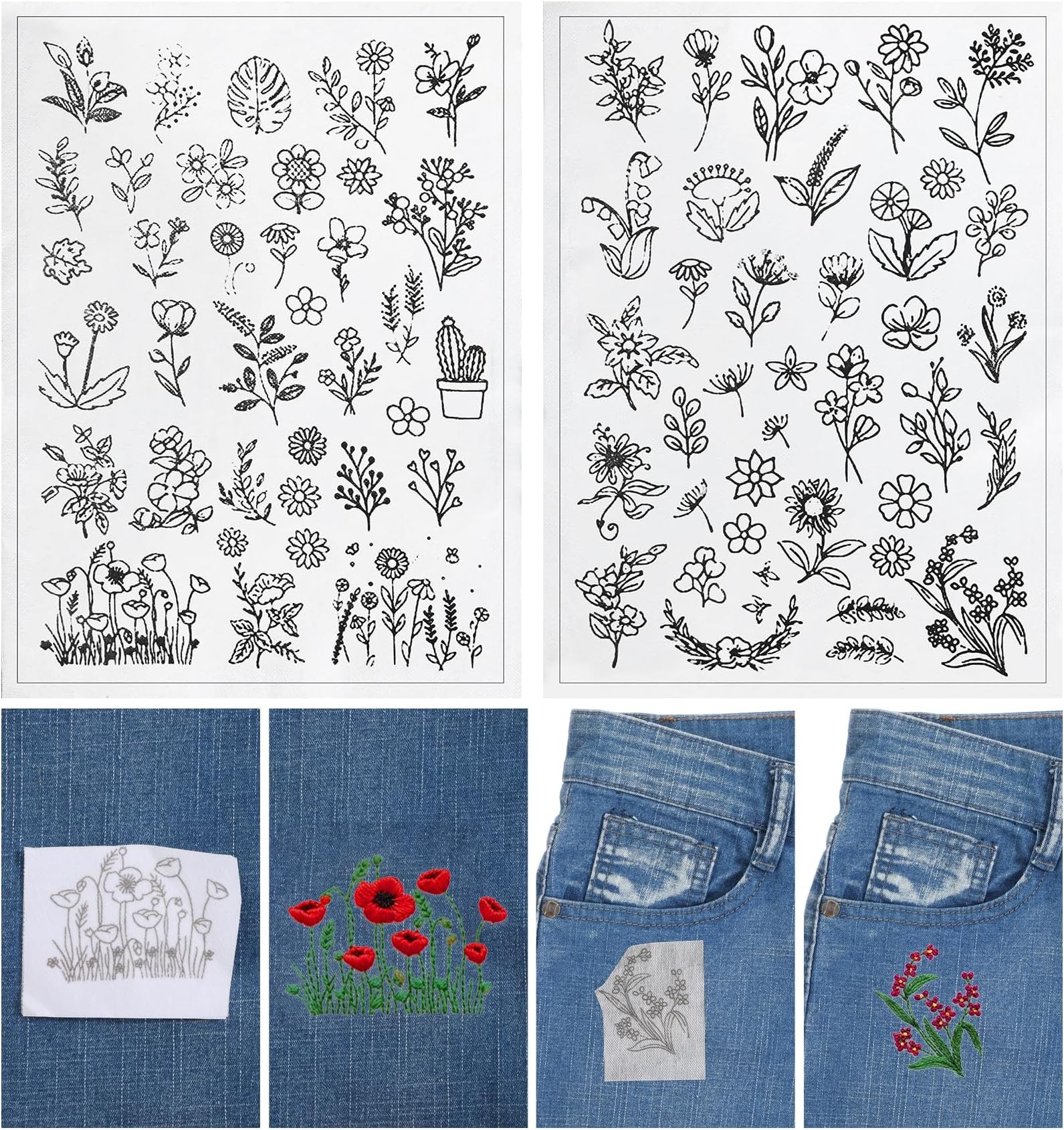 72Pcs Stick and Stitch Embroidery Patterns, 2 Sheet Embroidery Patterns Water Soluble Stickers, Flower Designs Dissolvable Pattern Stencils Templates for Hand Sewing, Easy to Use