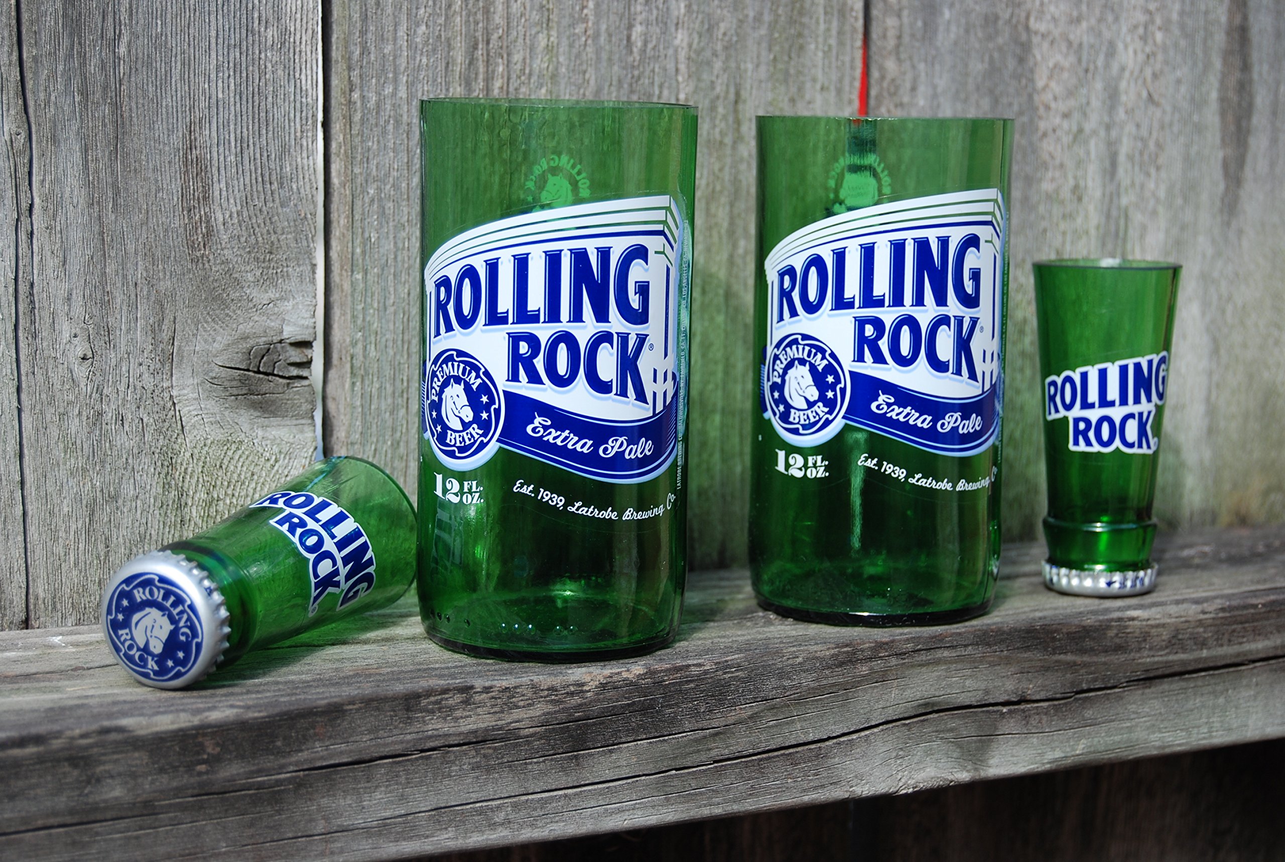 Set of 2 upcycled Rolling Rock glasses and 2 shot glasses